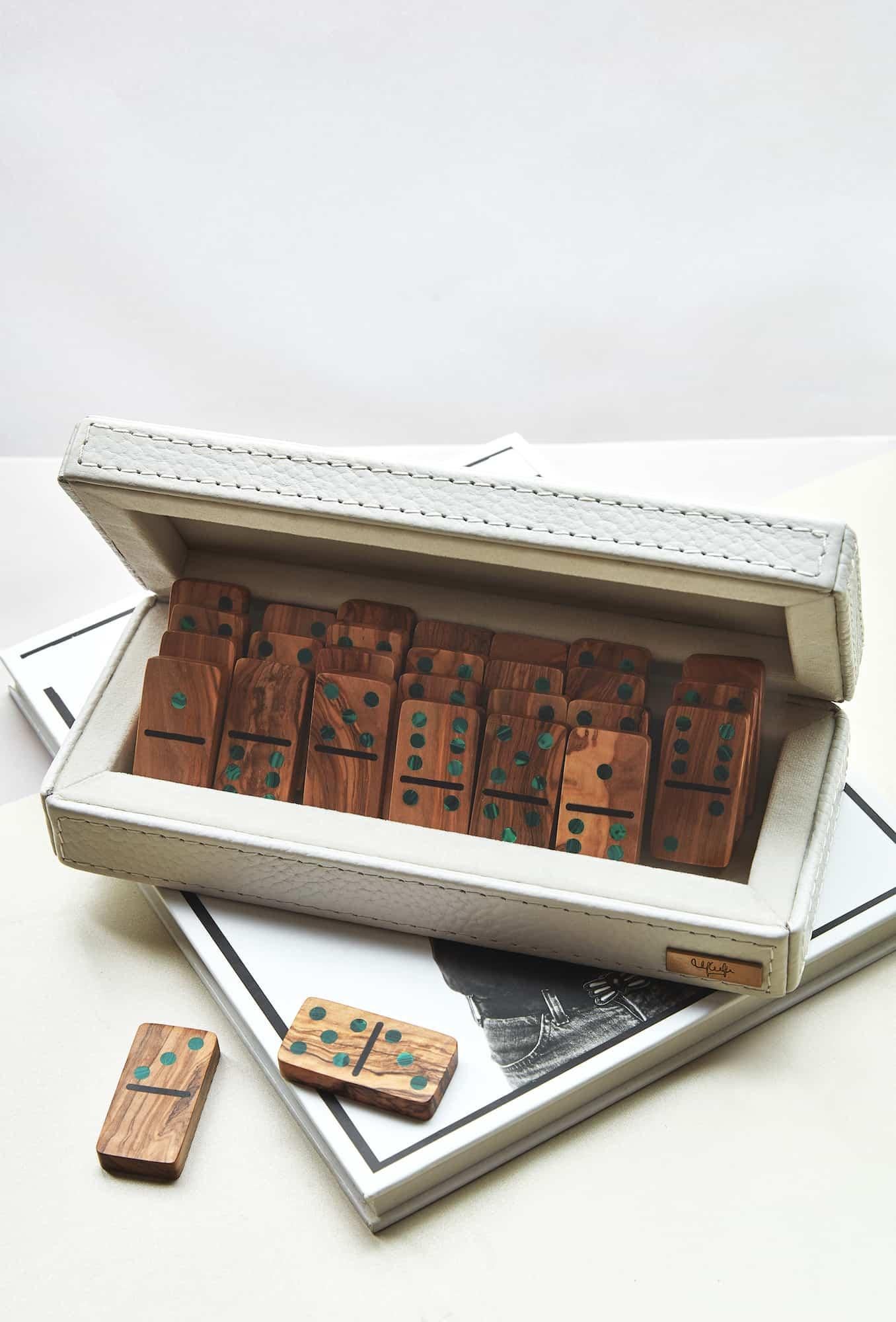 Post-Modern Small Olive Wood Domino Set by Marcela Cure For Sale