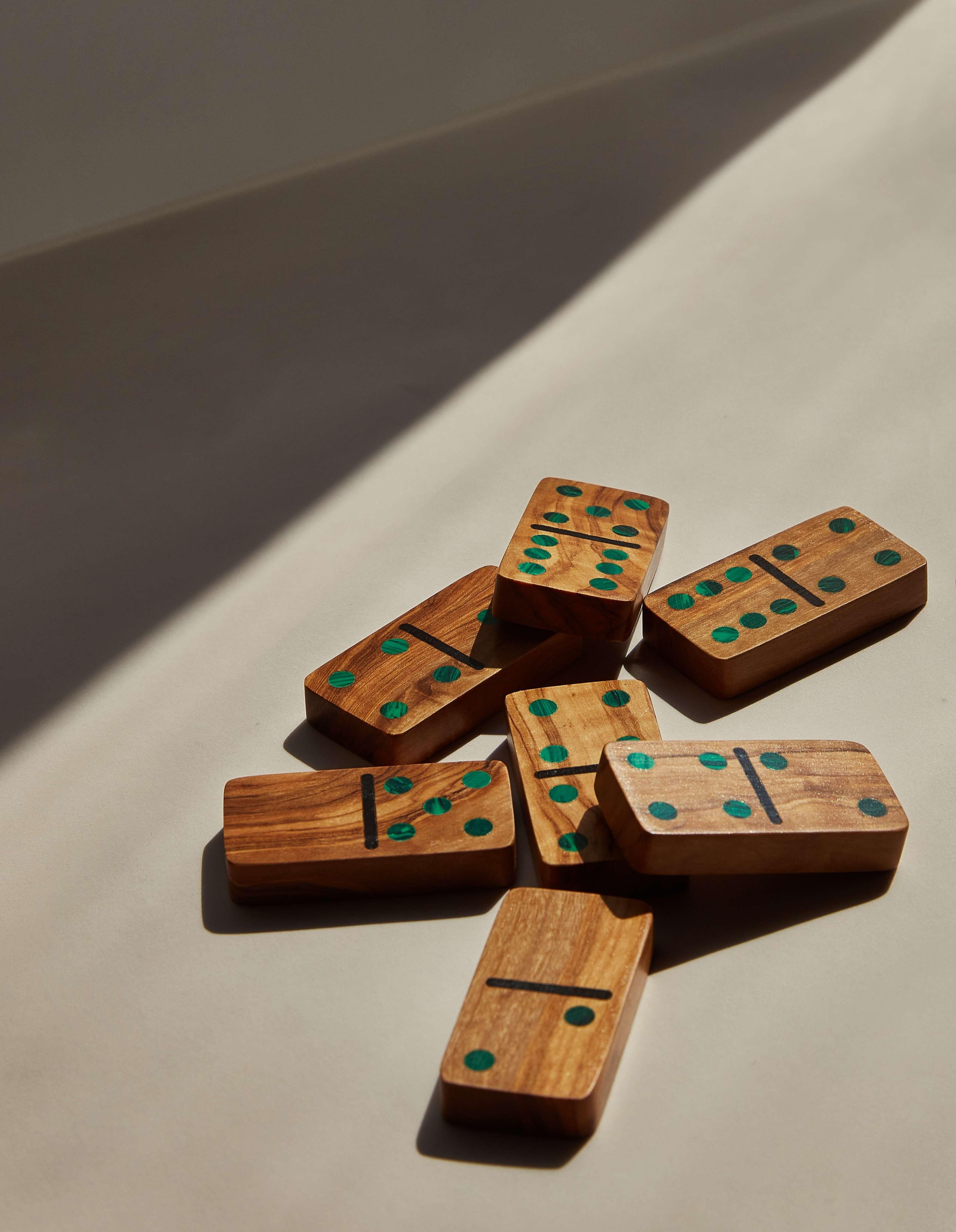 Hand-Crafted Marcela Cure Small Pui Wood and Malachite Domino Set - 28 pcs in leather box For Sale