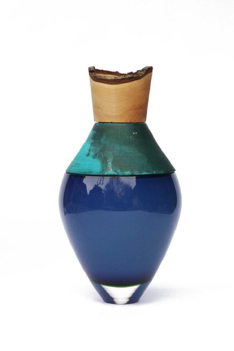 Turned Small Opal Blue and Brass Patina India Vessel i, Pia Wüstenberg For Sale