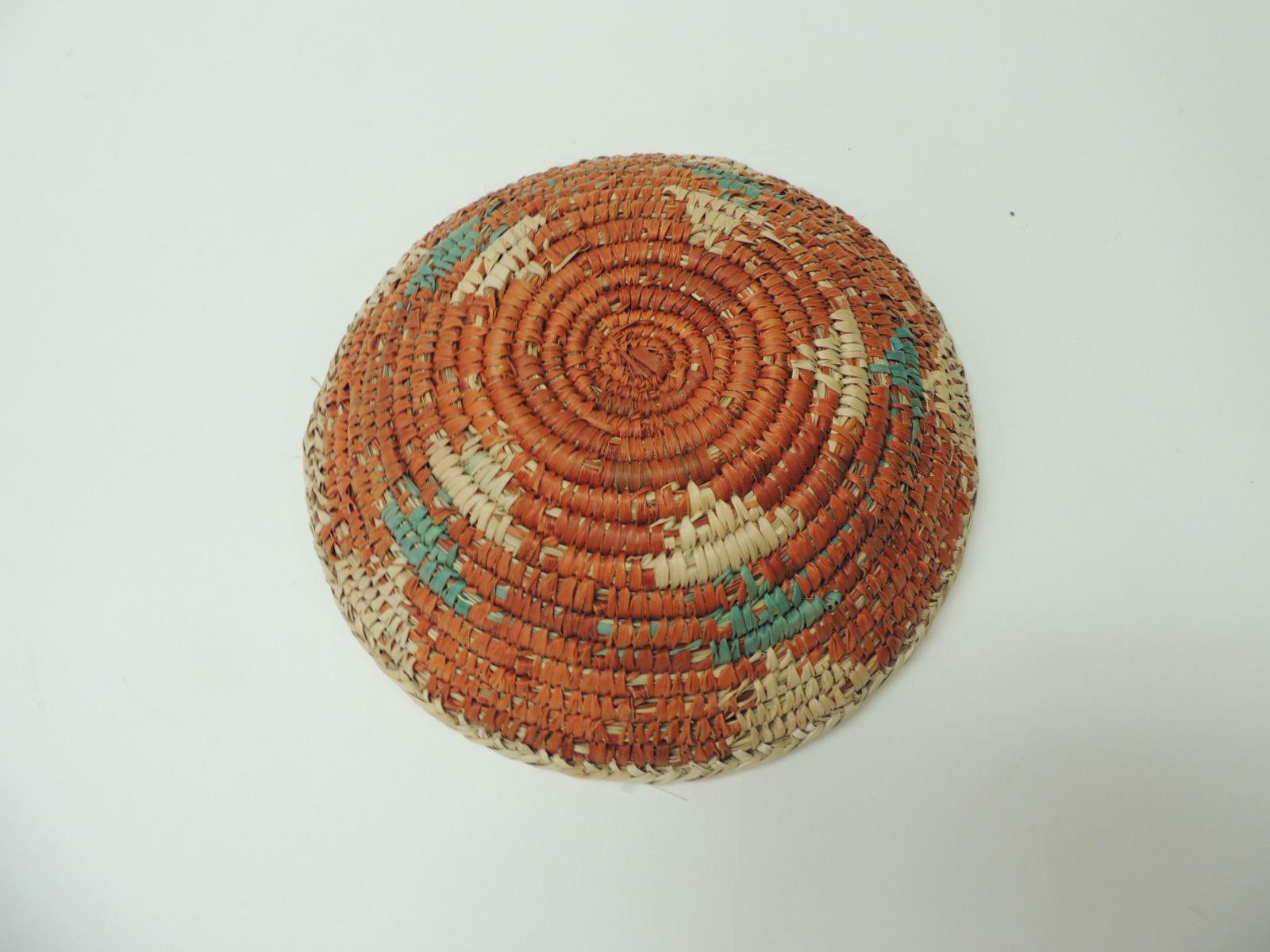 Native American Small Orange and Green Round Tribal Decorative Basket or Bowl