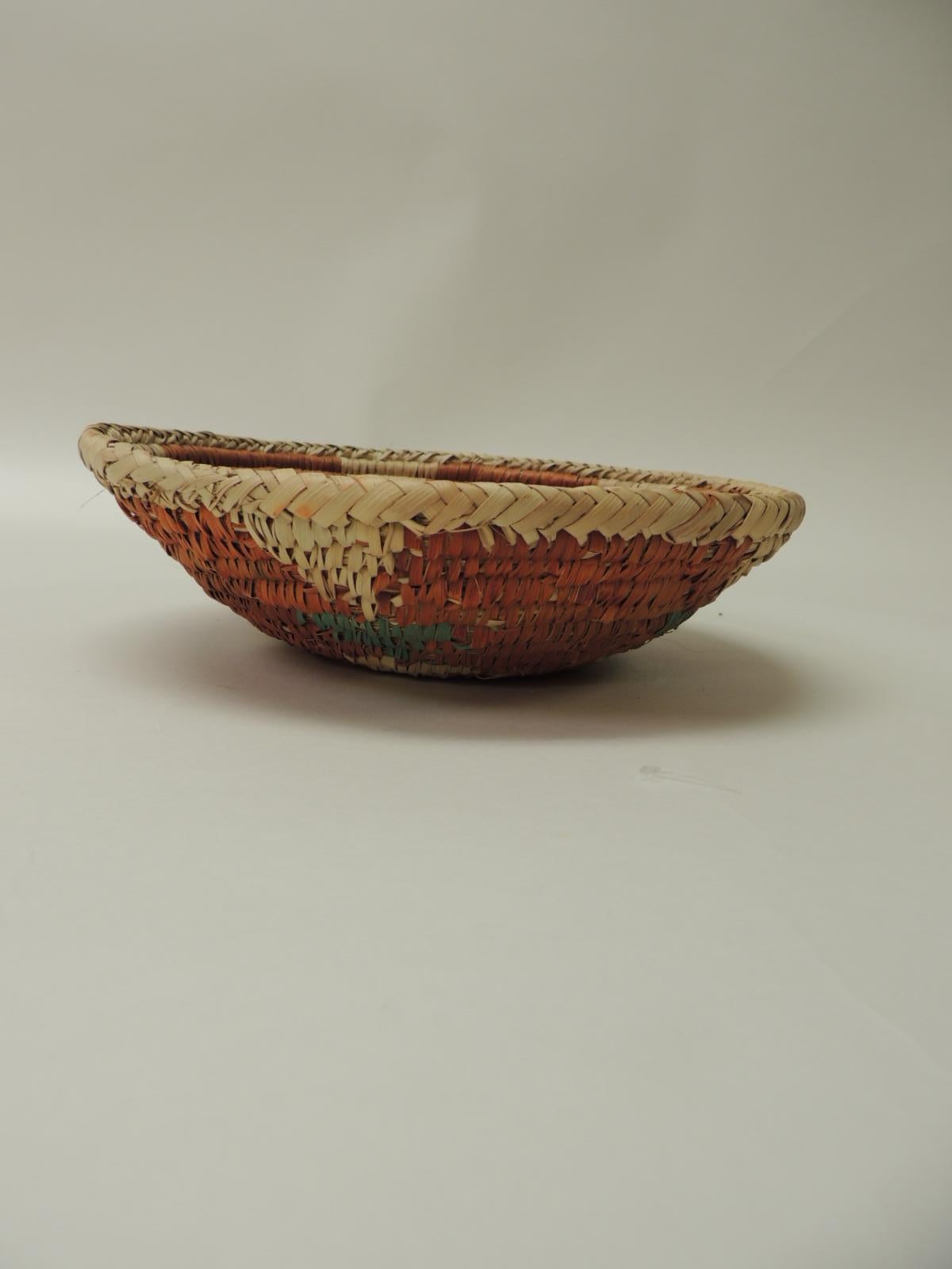American Small Orange and Green Round Tribal Decorative Basket or Bowl