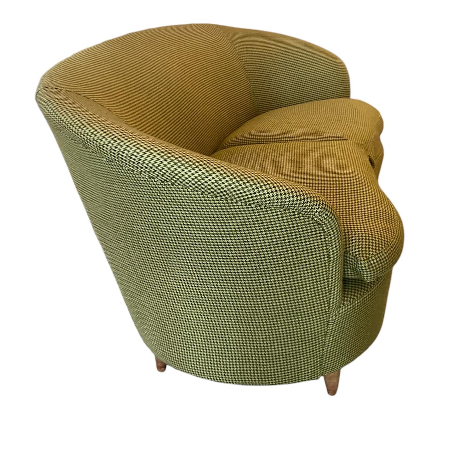 A Small curved organic 1950's Italian 2 Seater Sofa attributed to Ico Parisi, upholstered in a green Scottish Tweed, compact and comfortable, perfect for a bay window.