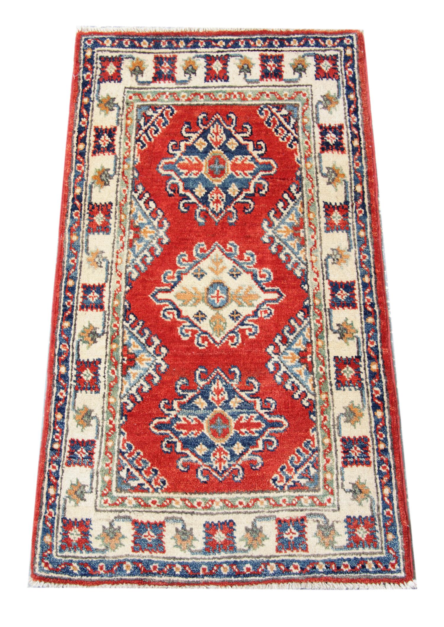 Kazak Small Oriental Rugs, Handmade Carpet Red Geometric Rugs Doormat For Sale