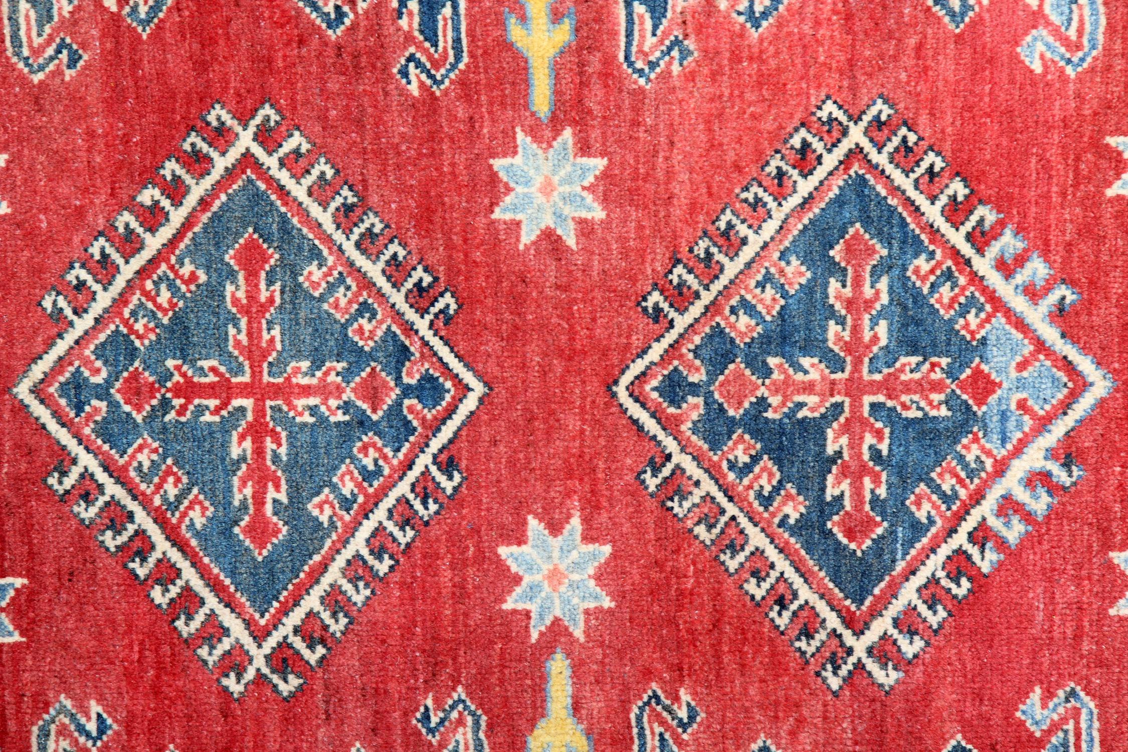 Kazak Small Oriental Rugs Red Geometric Rugs, Handmade Carpet for Sale For Sale