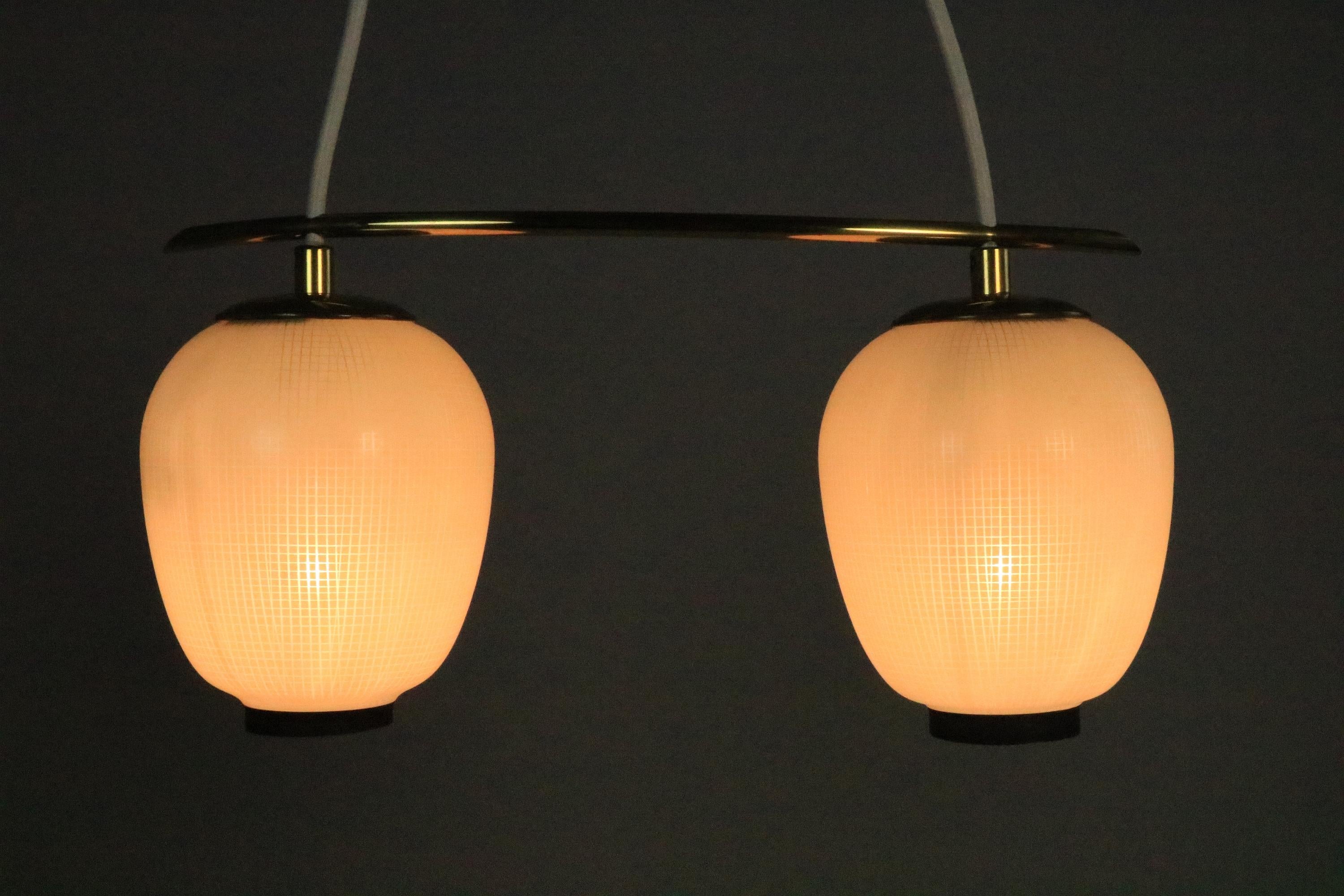 German Small Original 1950s, 2 x Glass Hanging Lamp by DORIA, Asia Style