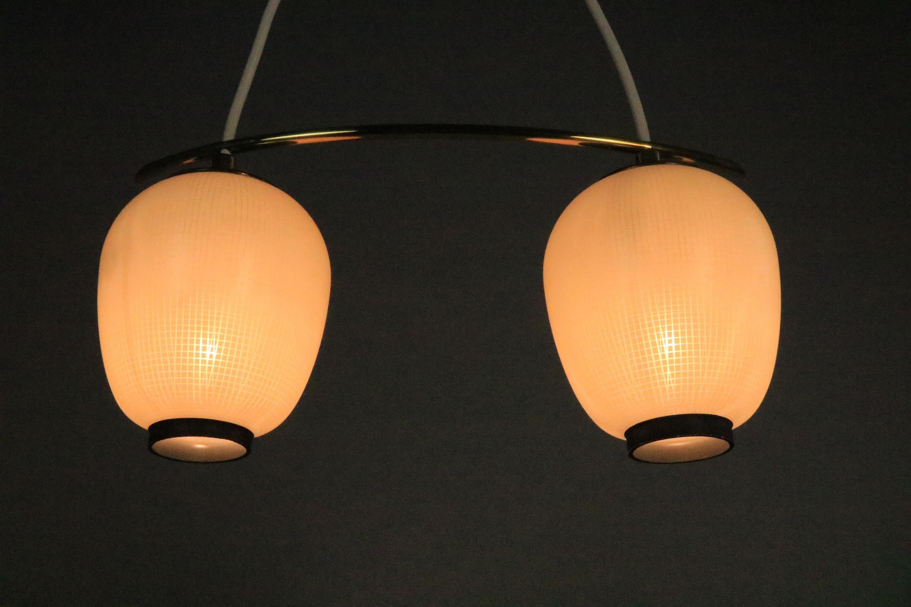 Brass Small Original 1950s, 2 x Glass Hanging Lamp by DORIA, Asia Style