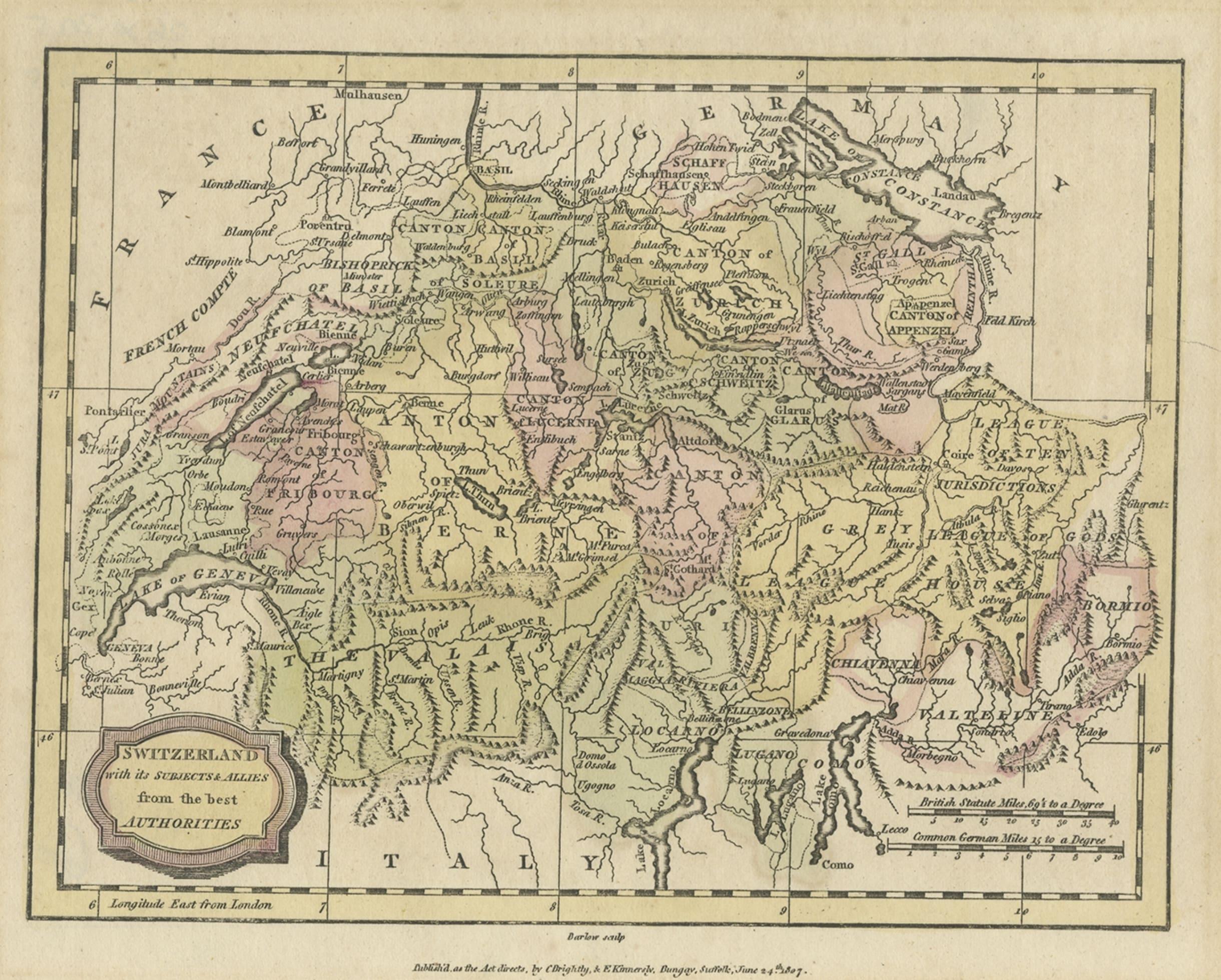 Petite carte ancienne originale de la Suisse et de ses contours, 1807 Bon état - En vente à Langweer, NL