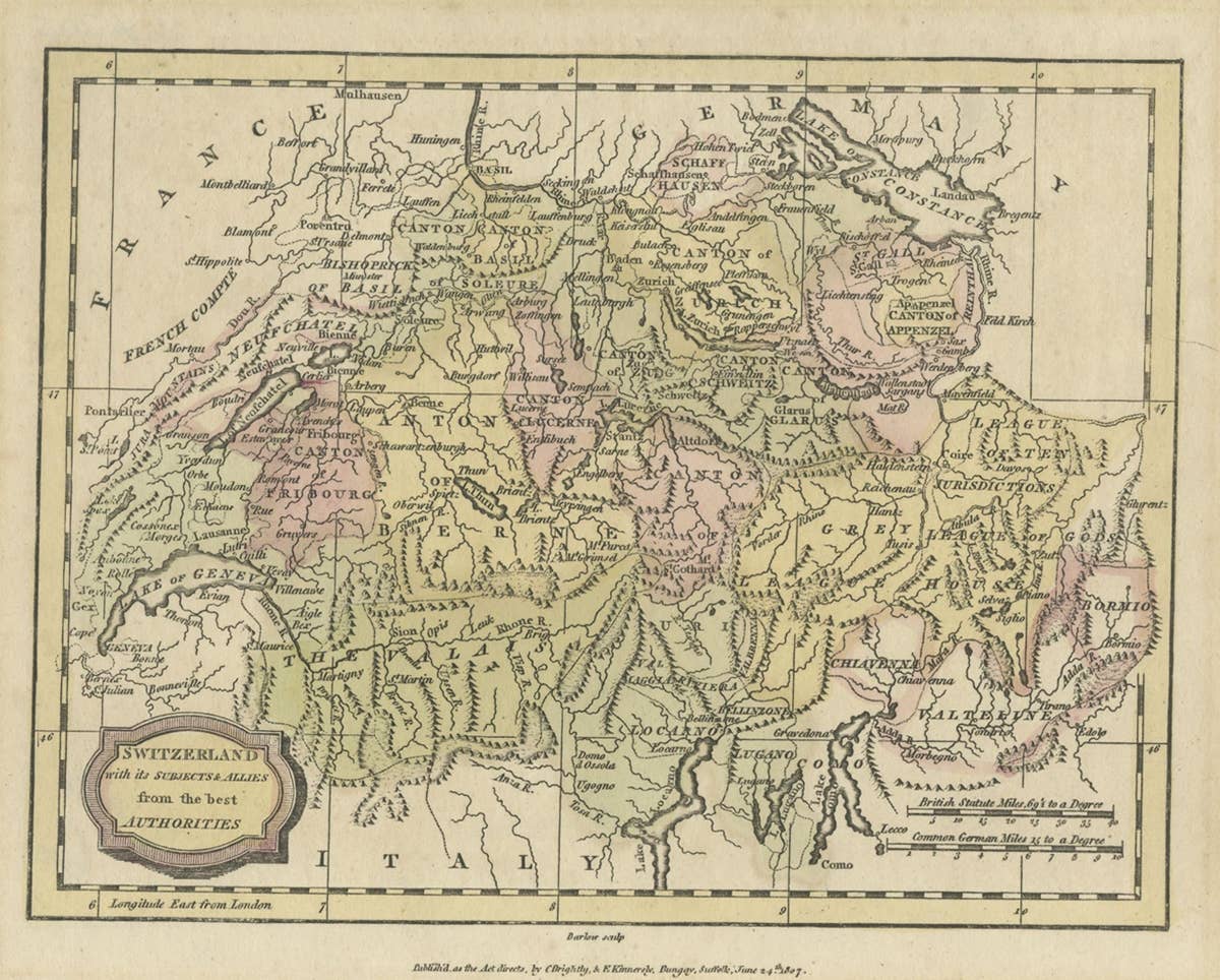 Small Original Antique Map of Switzerland and Surroundings, 1807