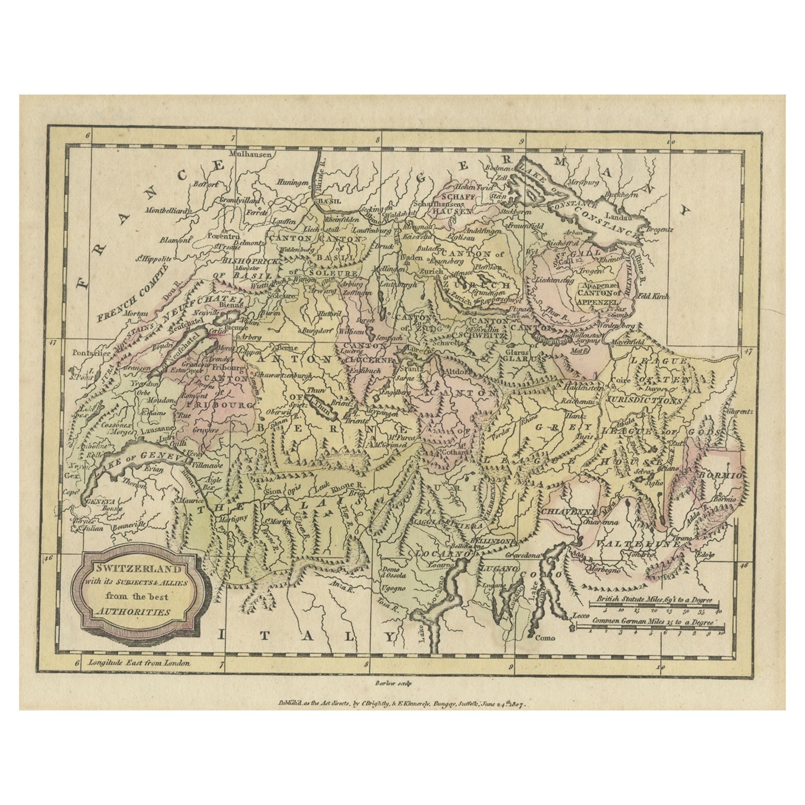 Piccola carta geografica originale antica della Svizzera e dintorni, 1807
