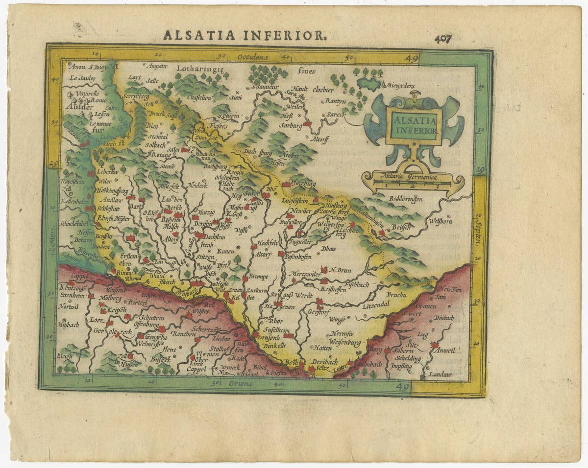 Small Original Antique Map of the Lower Alsace region, Germany