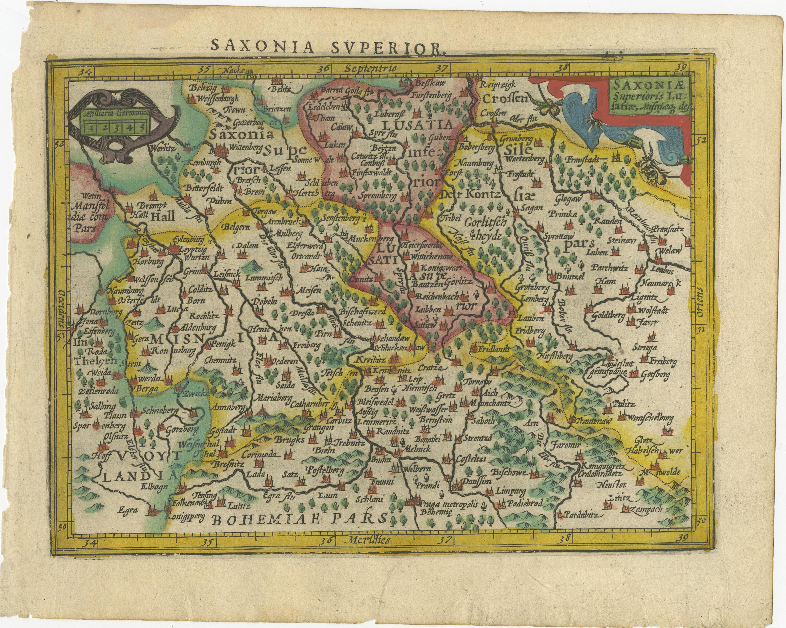 Antique map titled 'Saxonia Superior'. Small original antique map of Upper Saxony, Germany. Upper Saxony (German: Obersachsen) was the name given to the majority of the German lands held by the House of Wettin, in what is now called Central Germany
