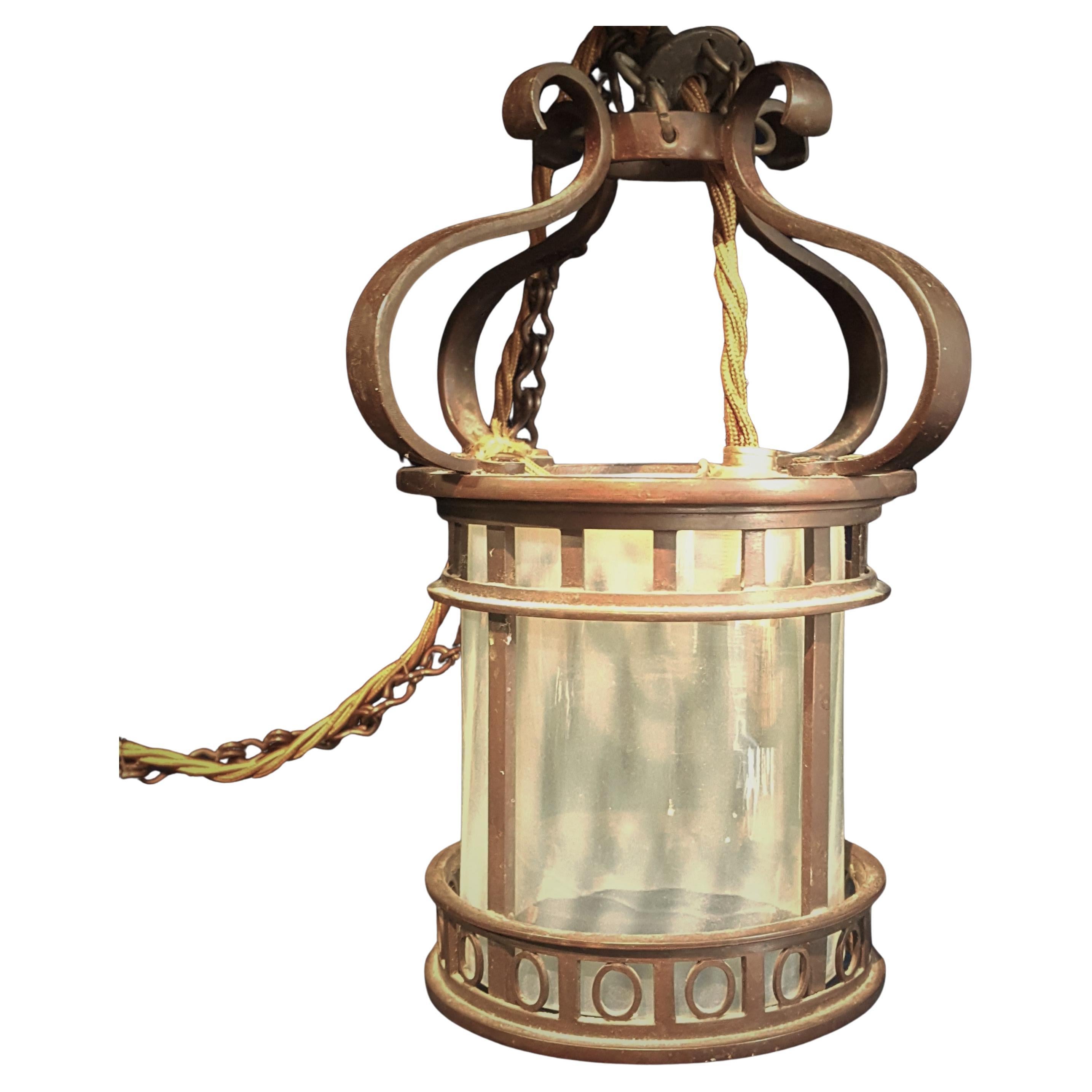 Small original Arts & Crafts brass lantern with vaseline glass shade