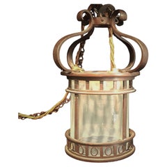 Small original Arts & Crafts brass lantern with vaseline glass shade