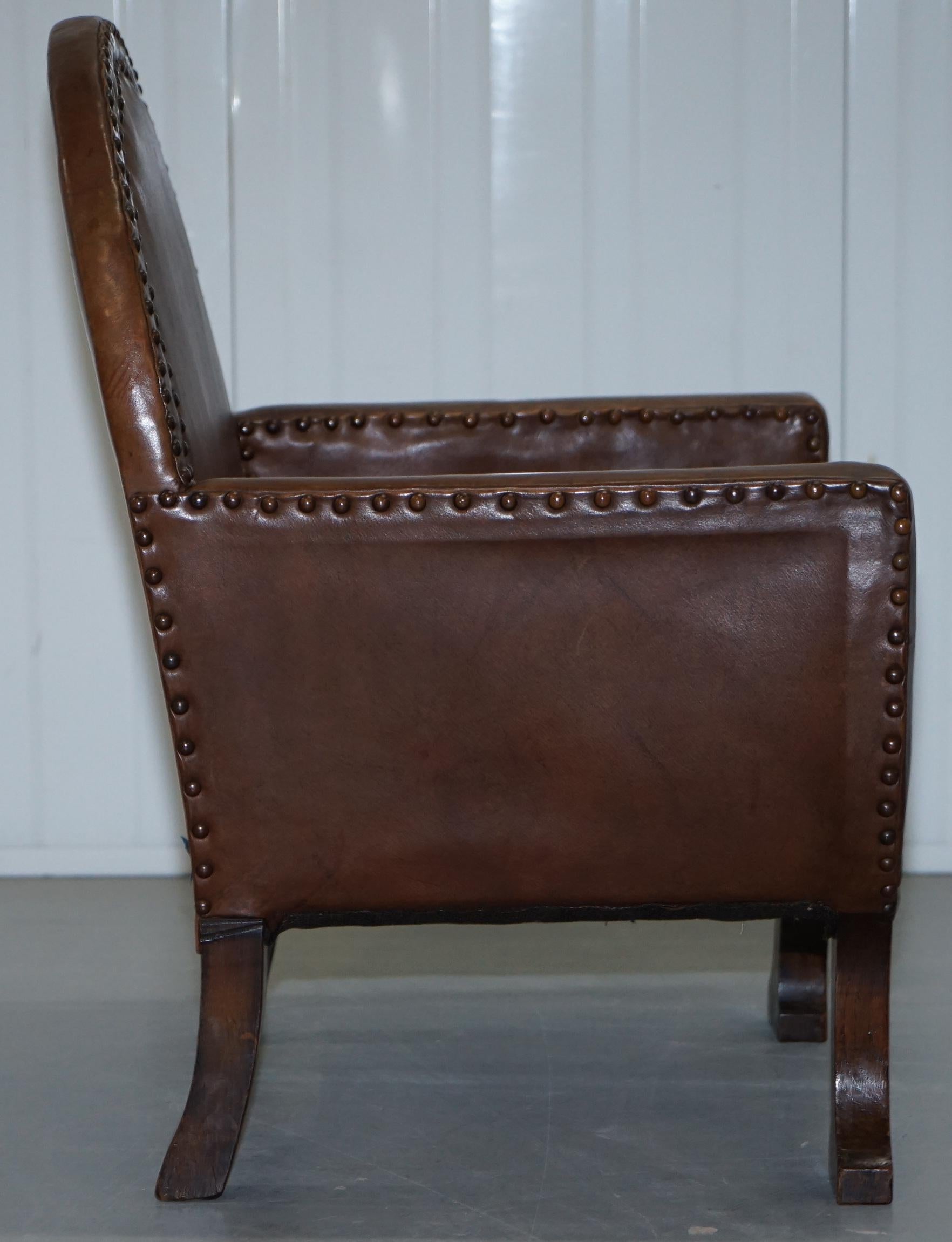 Small Original Edwardian Leather and Oak Children's Club Armchair Hand Studded 9