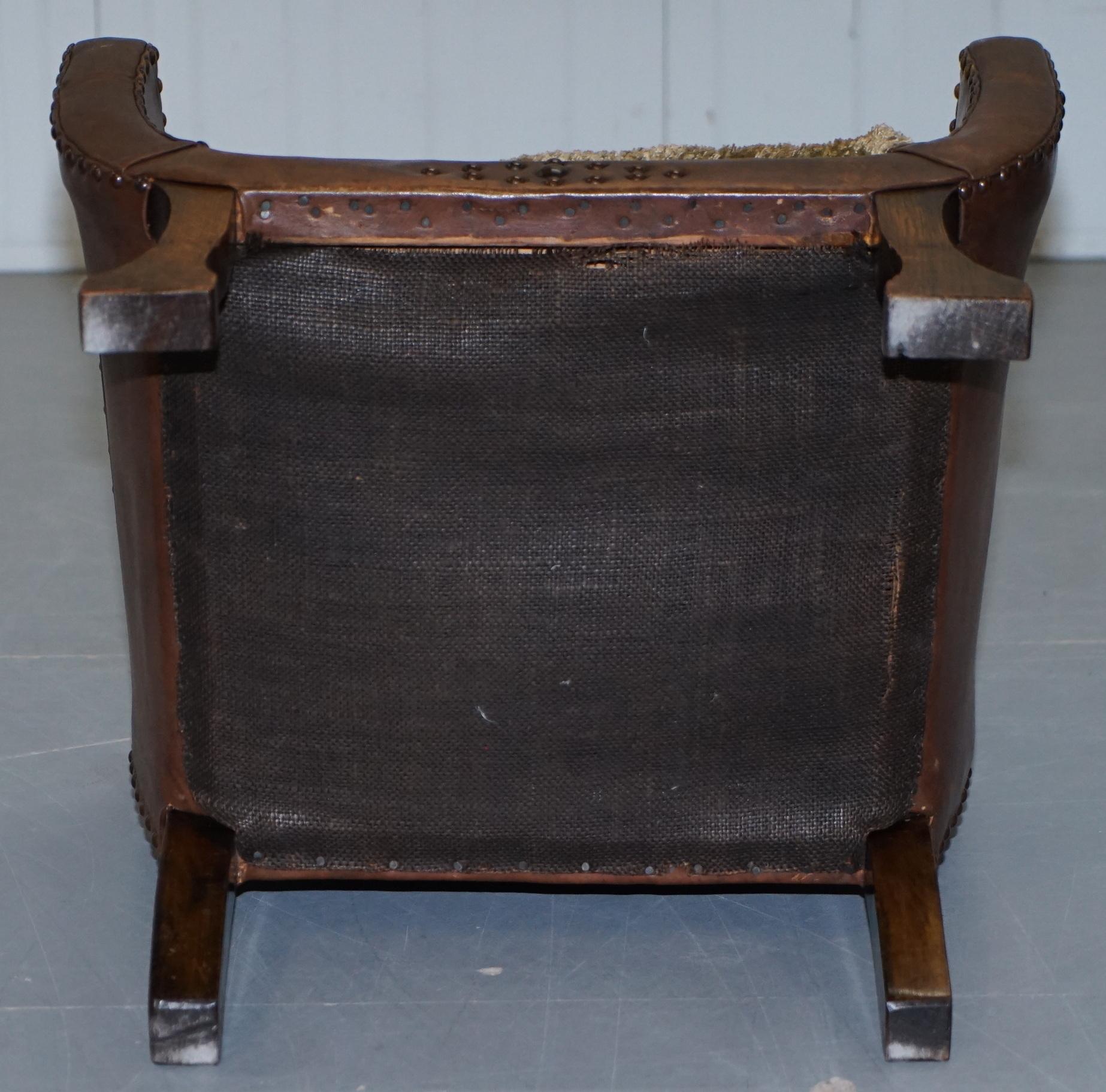Small Original Edwardian Leather and Oak Children's Club Armchair Hand Studded 14