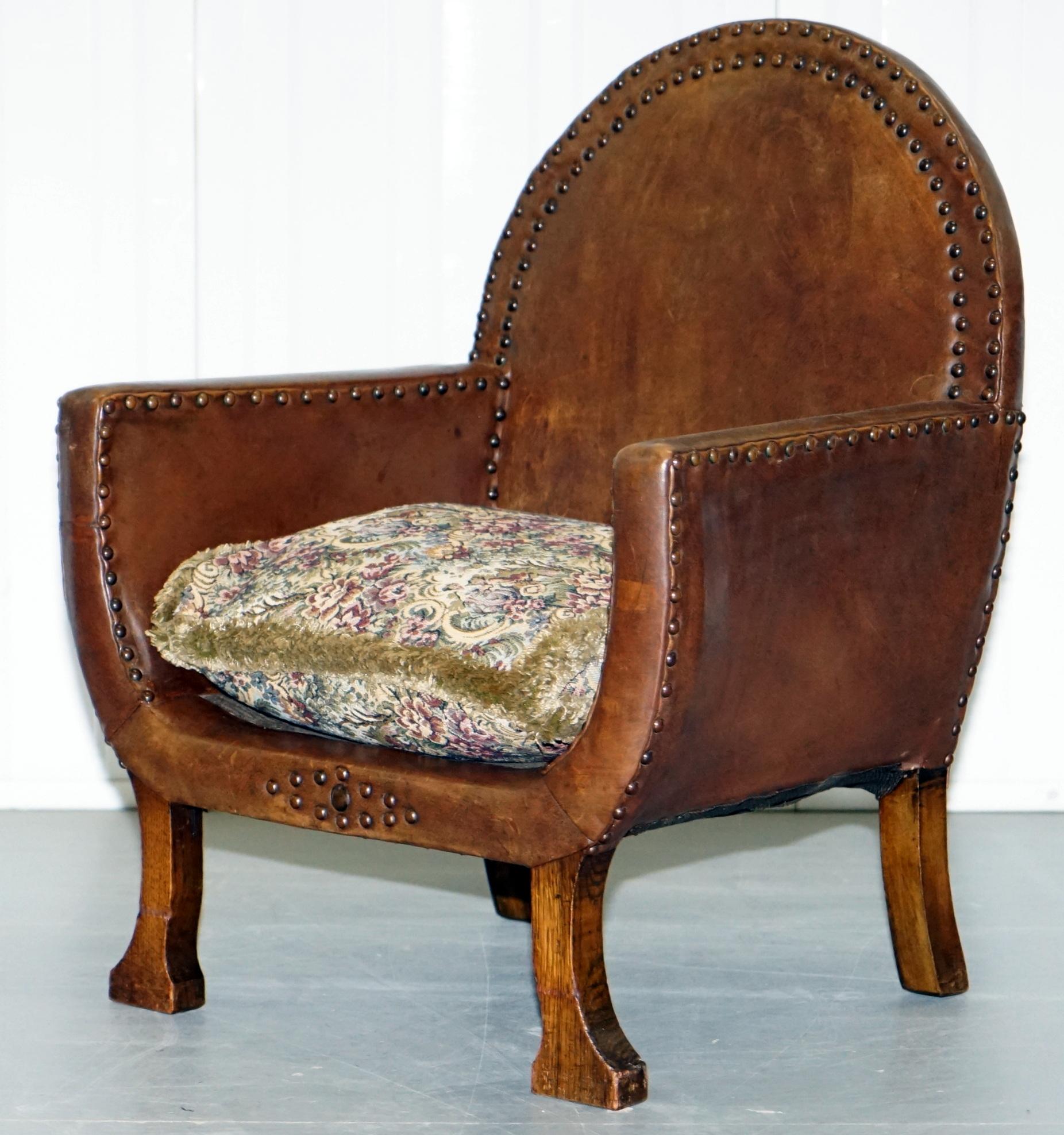 English Small Original Edwardian Leather and Oak Children's Club Armchair Hand Studded