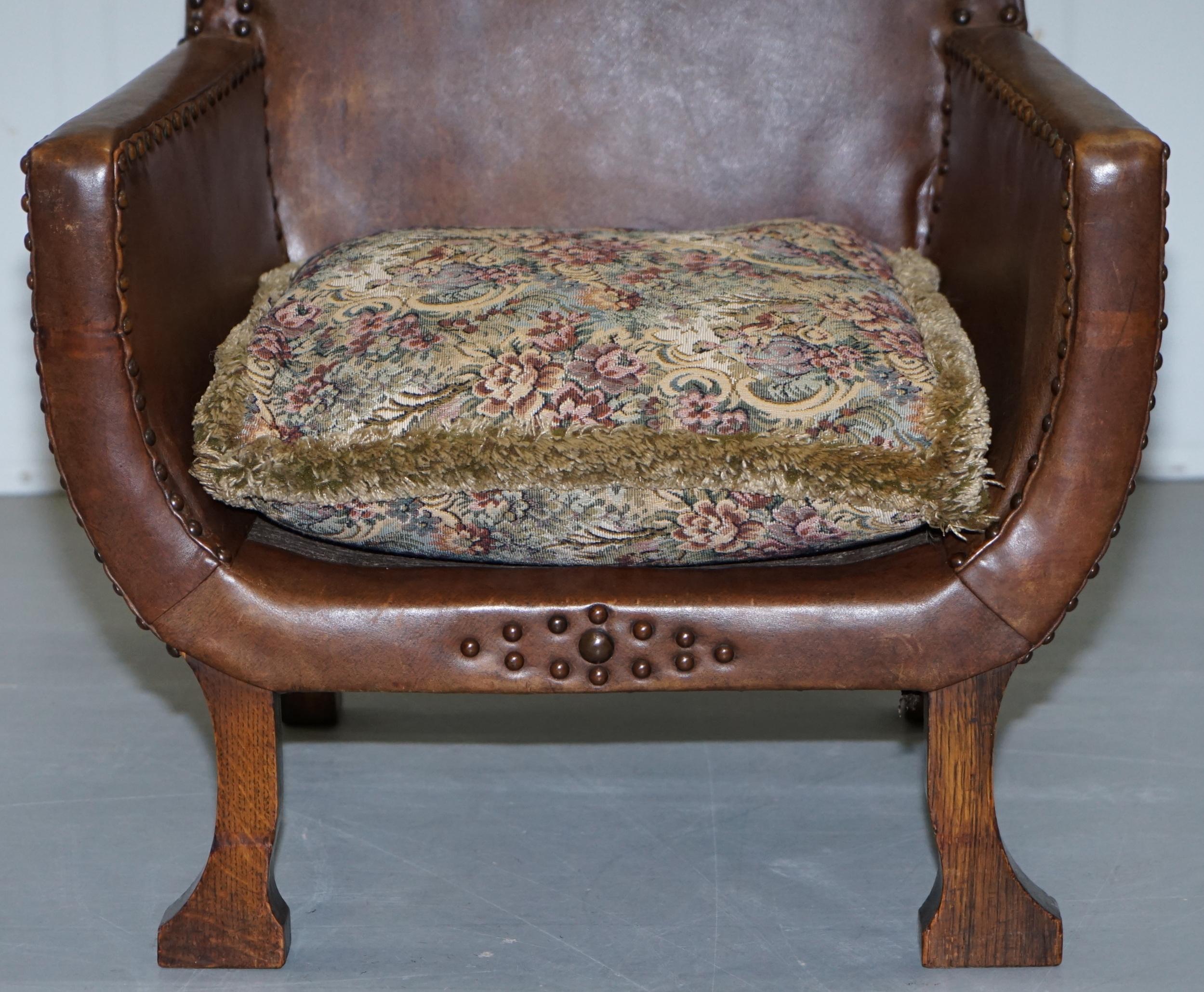 Small Original Edwardian Leather and Oak Children's Club Armchair Hand Studded 3