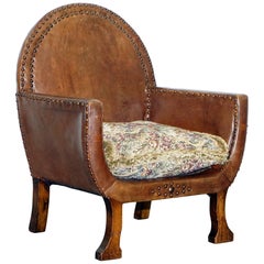 Antique Small Original Edwardian Leather and Oak Children's Club Armchair Hand Studded