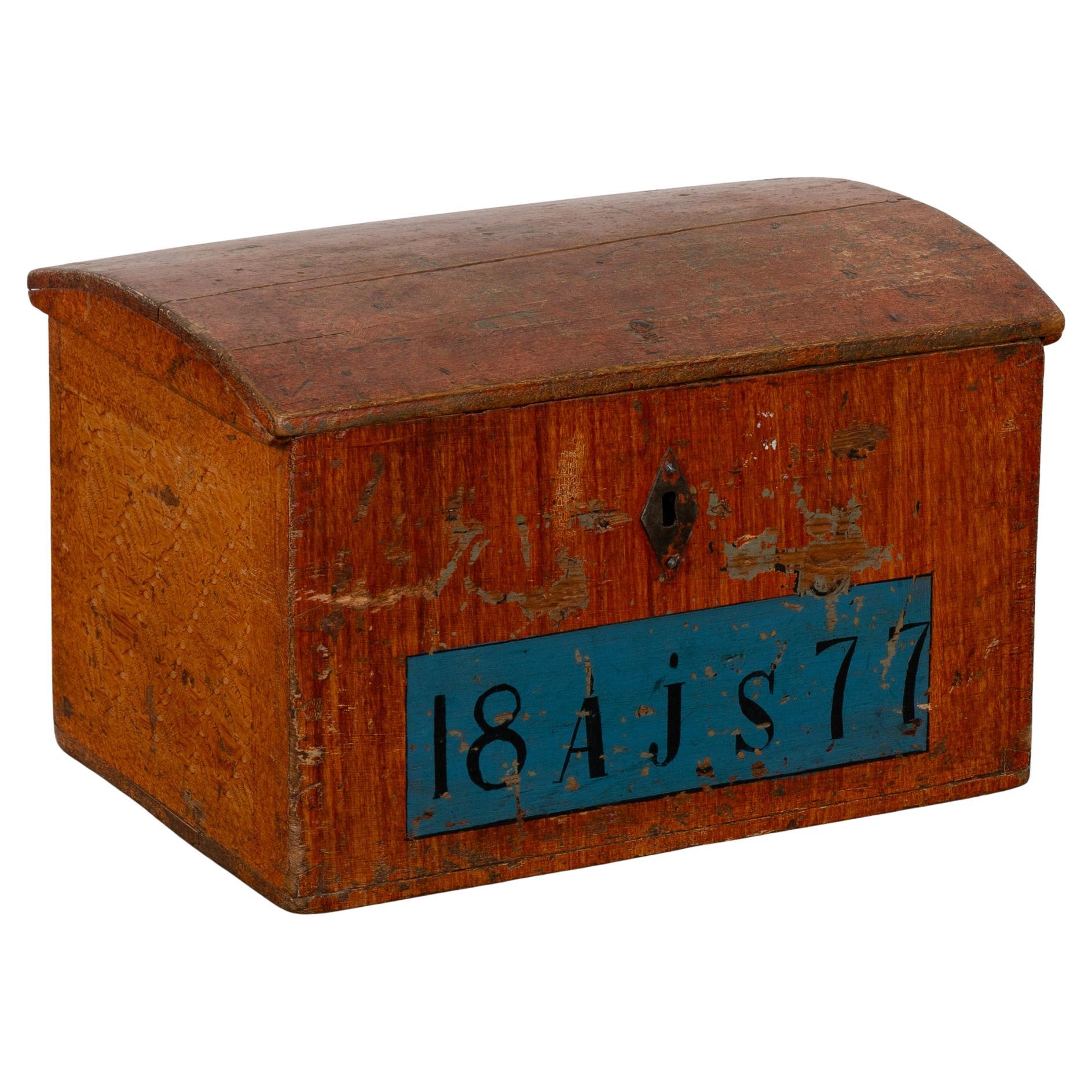 Small Original Painted Swedish Pine Dome Top Trunk dated 1877