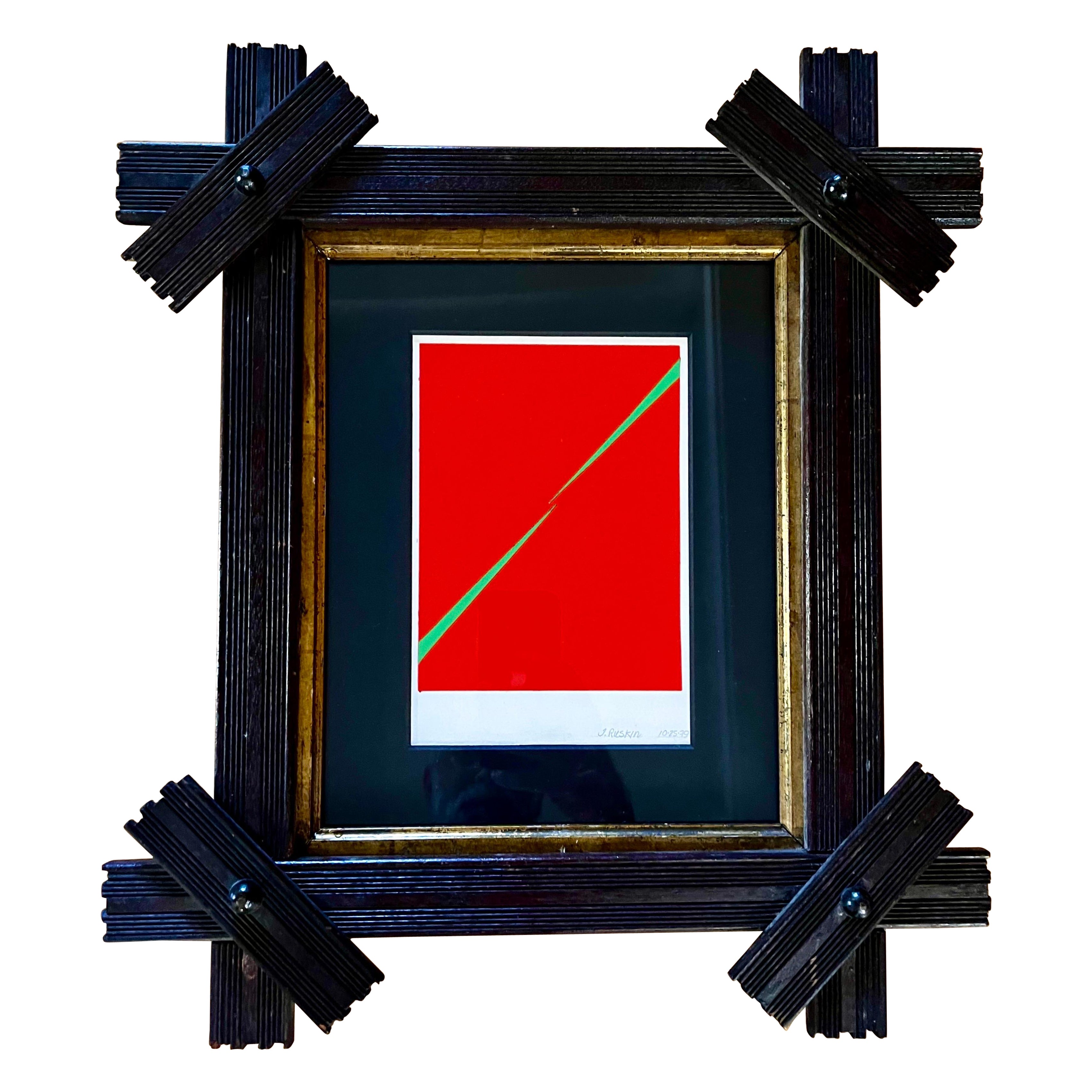 Petit collage original sur papier de J. Ruskin 1979 dans un cadre ancien en vente