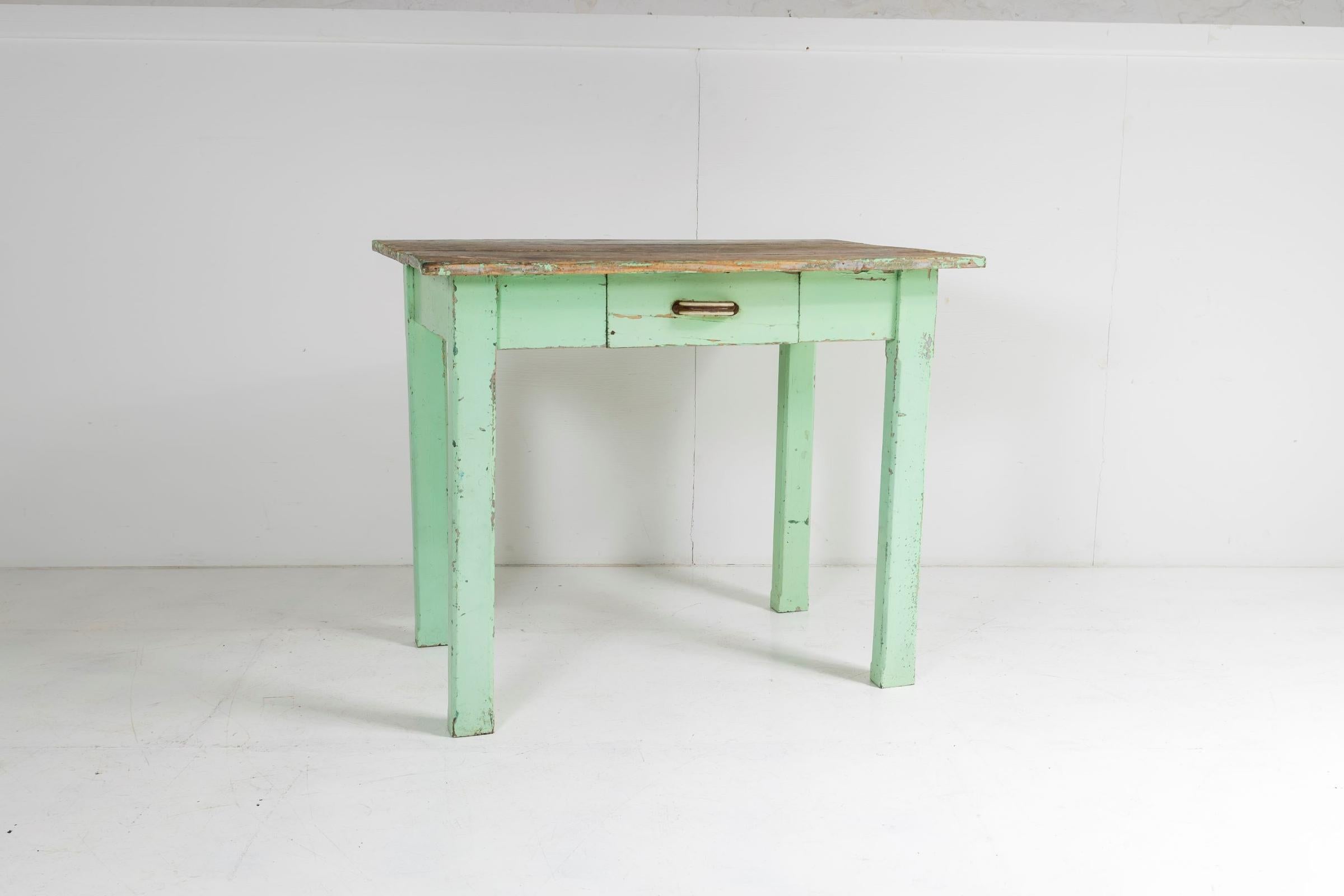 Welsh Small Original Rustic Green Painted Pine Farmhouse Table or Writing Table Desk