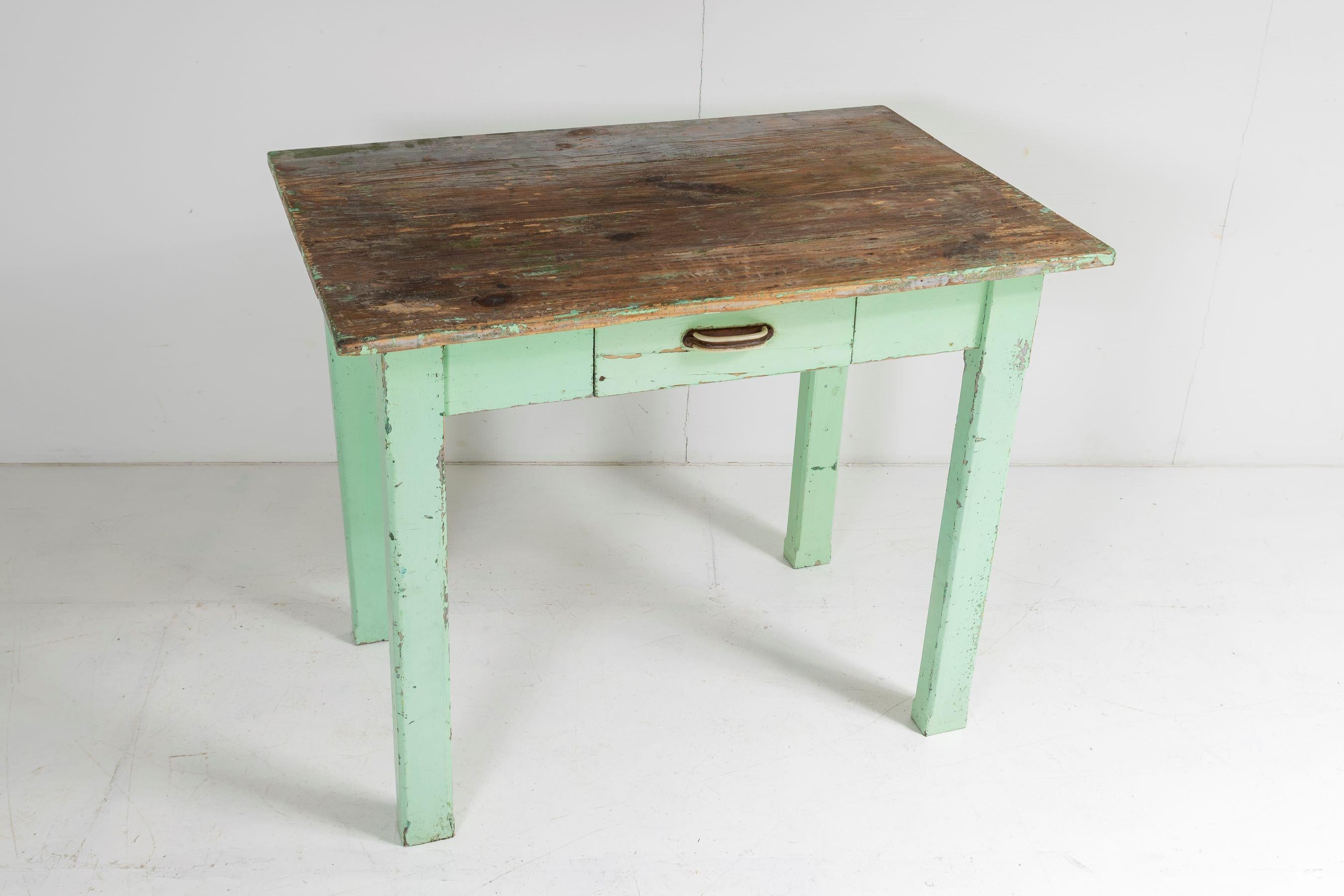 Small Original Rustic Green Painted Pine Farmhouse Table or Writing Table Desk In Good Condition In Llanbrynmair, GB
