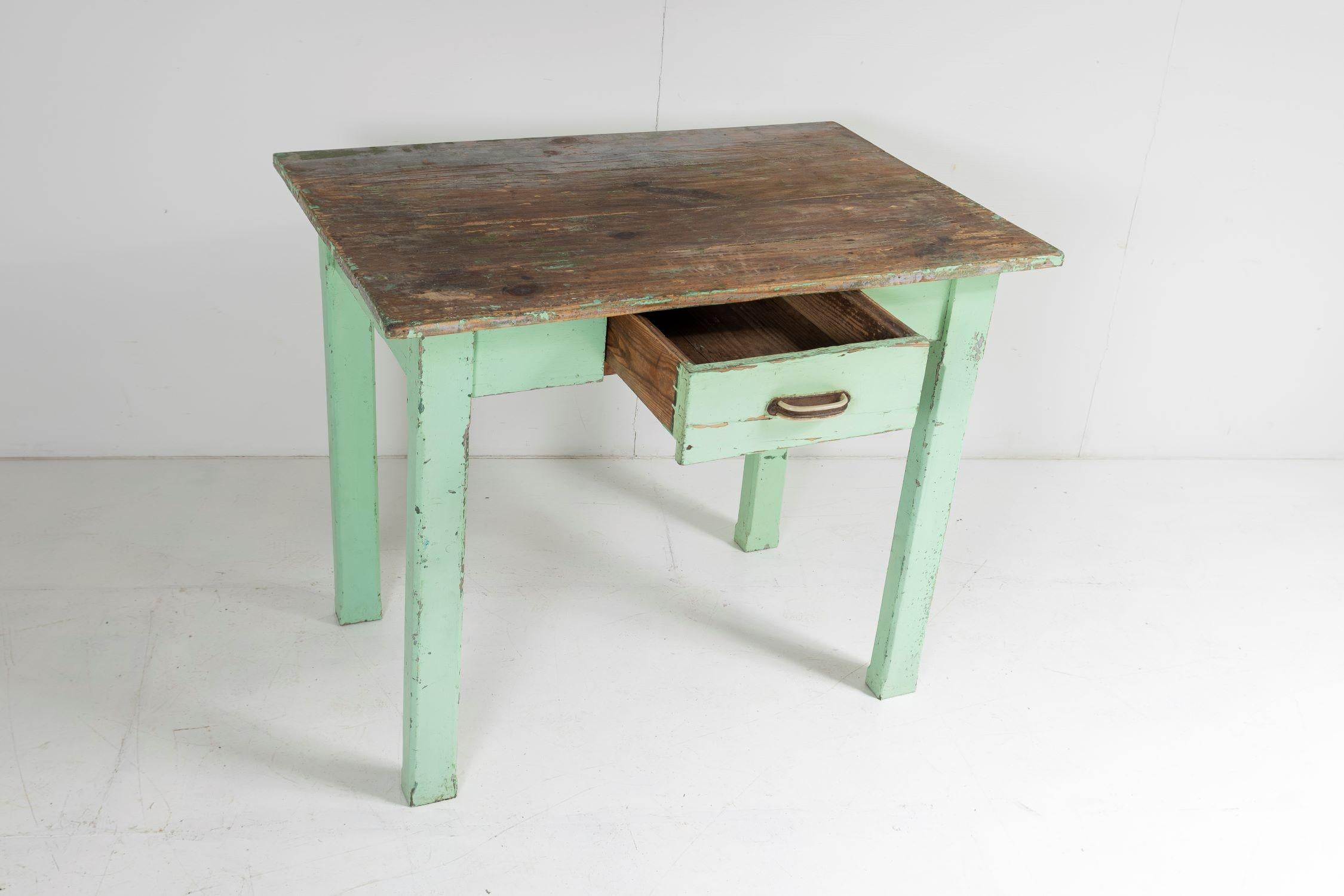 20th Century Small Original Rustic Green Painted Pine Farmhouse Table or Writing Table Desk