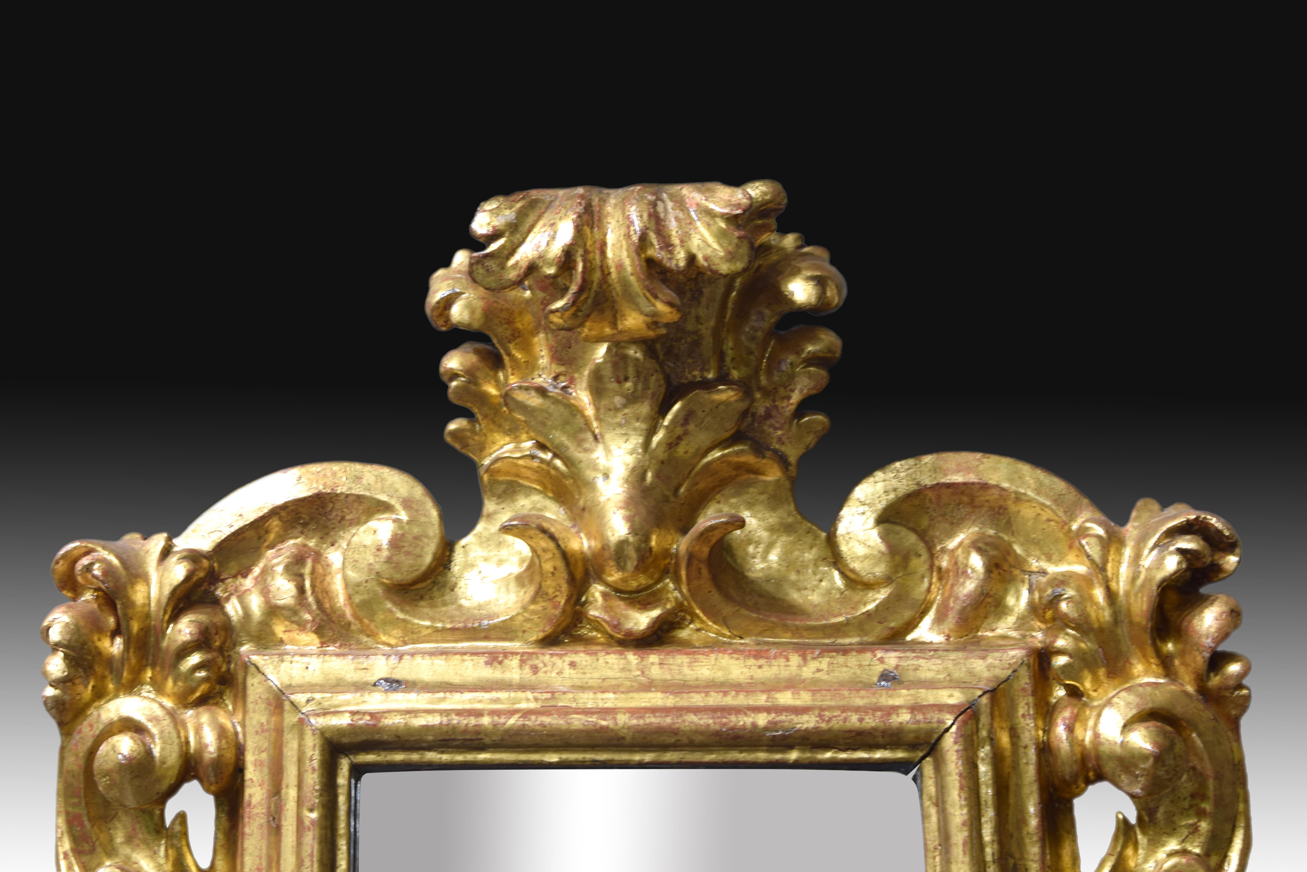 Baroque Small Ornamental Mirror, Gilt wood, 17th-18th Centuries For Sale