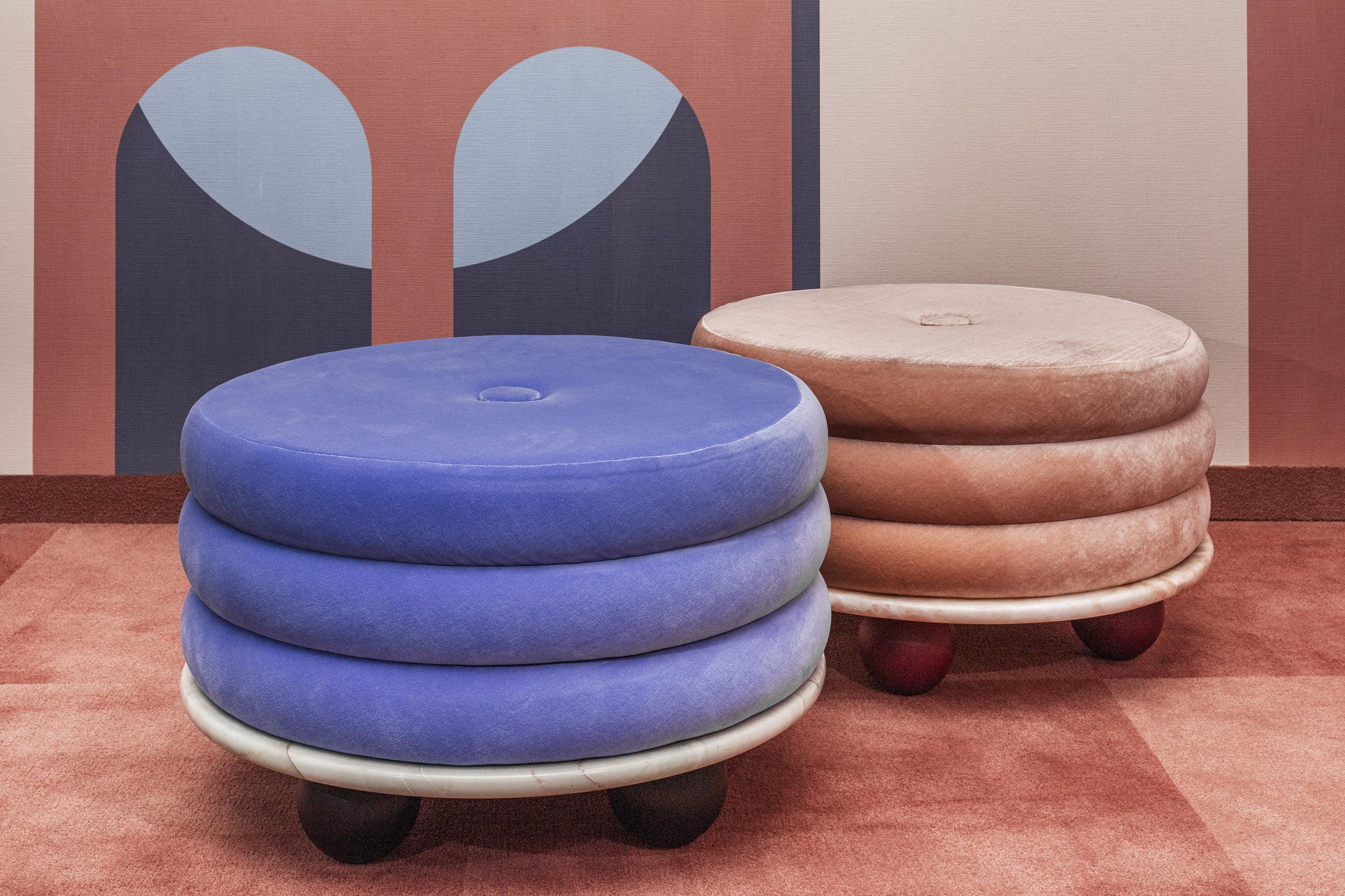 Modern Small Ottoman by Moniomi, in Pink Marble & Blue Mohair
