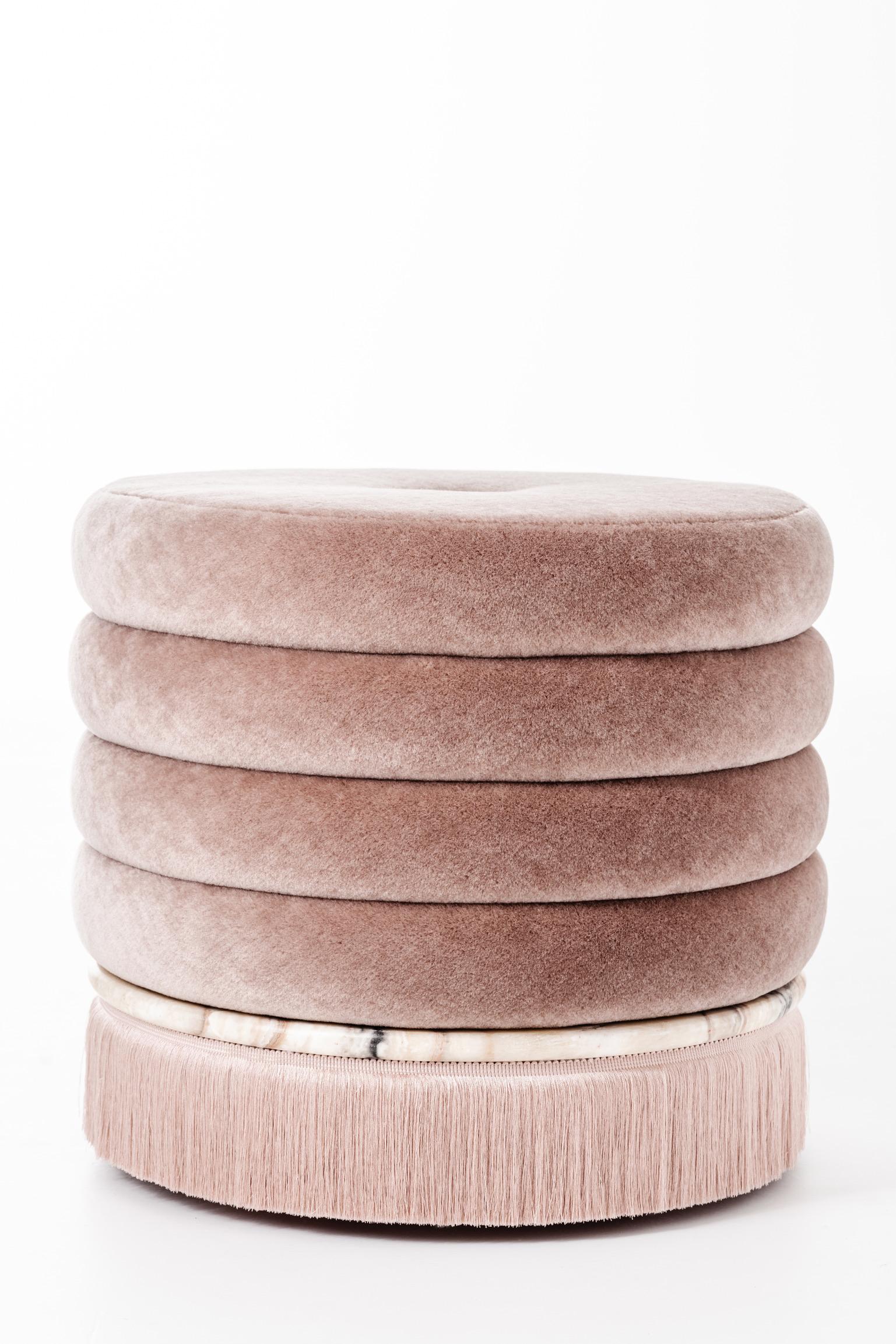 Polished Small Ottoman in Raptor Onyx & Pink Mohair For Sale