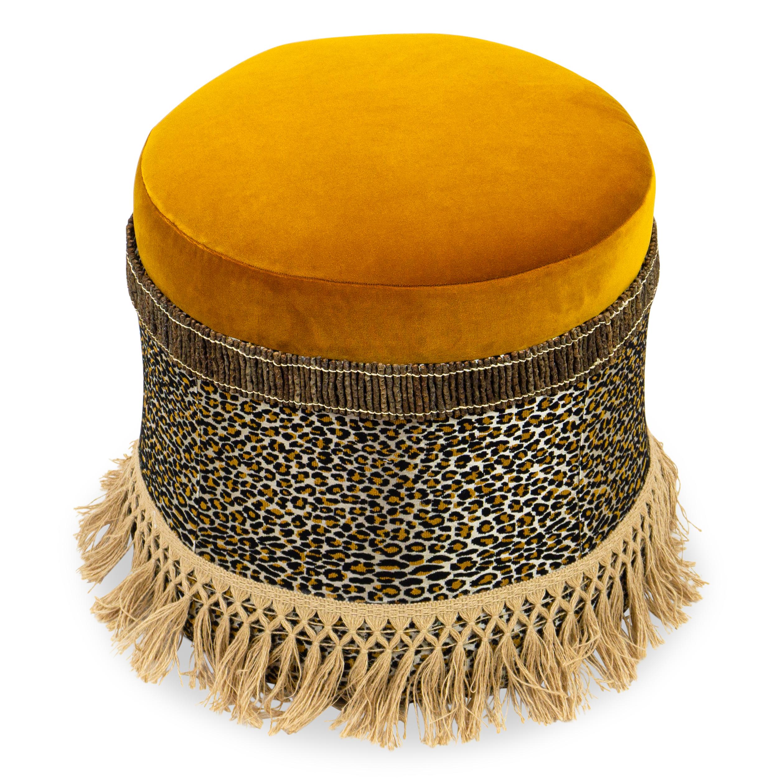 Sexy leopard jacquard ottoman with golden velvet seat, macrame hemp tassel fringe and twig tape. Great for occasional seating, boudoir or bedroom. 

Measurements:
Overall: 18”W x 18”D x 17”H
Seat height: 17