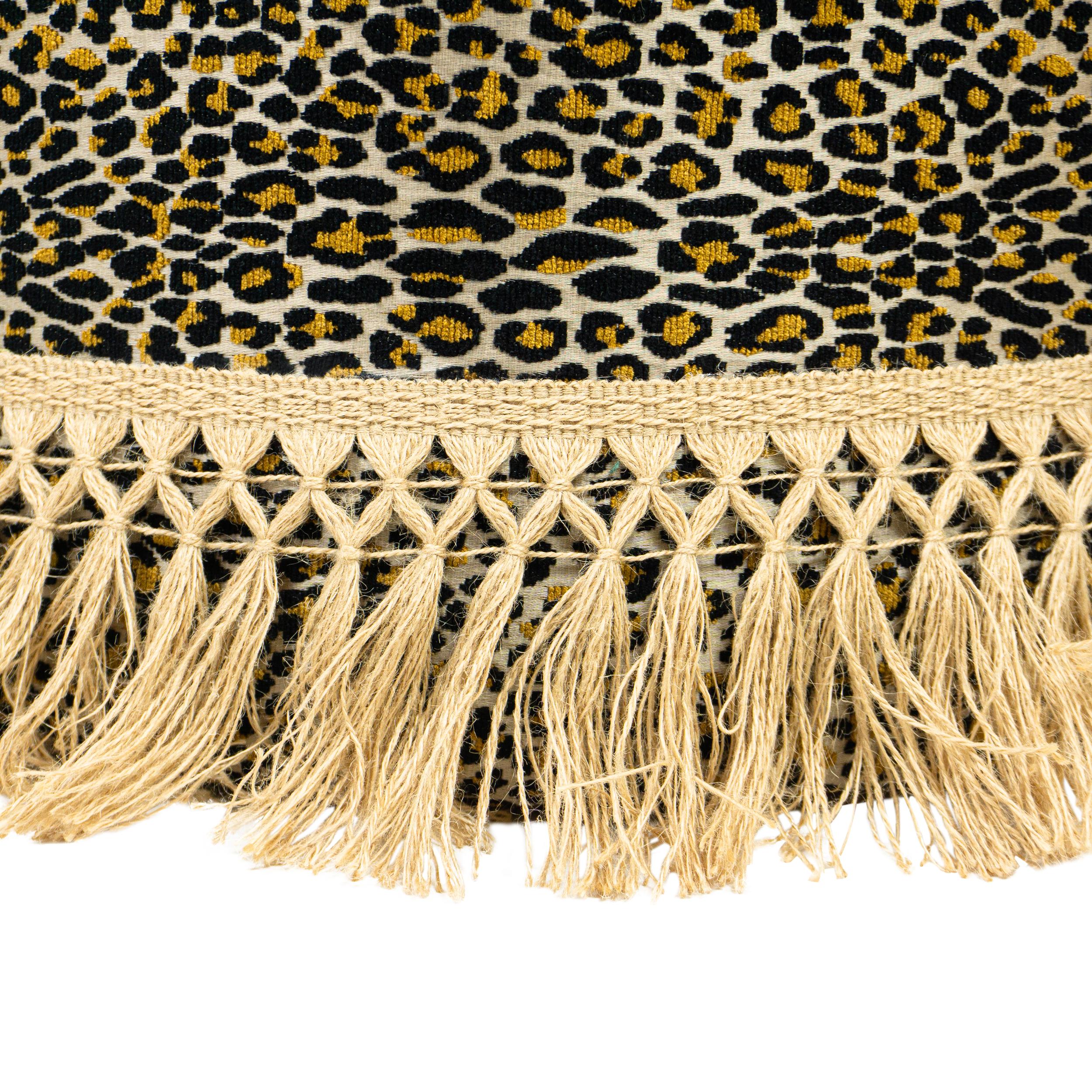 Contemporary Small Ottoman w Leopard, Gold Velvet + Macrame Tassel Fringe and Twig Tape For Sale