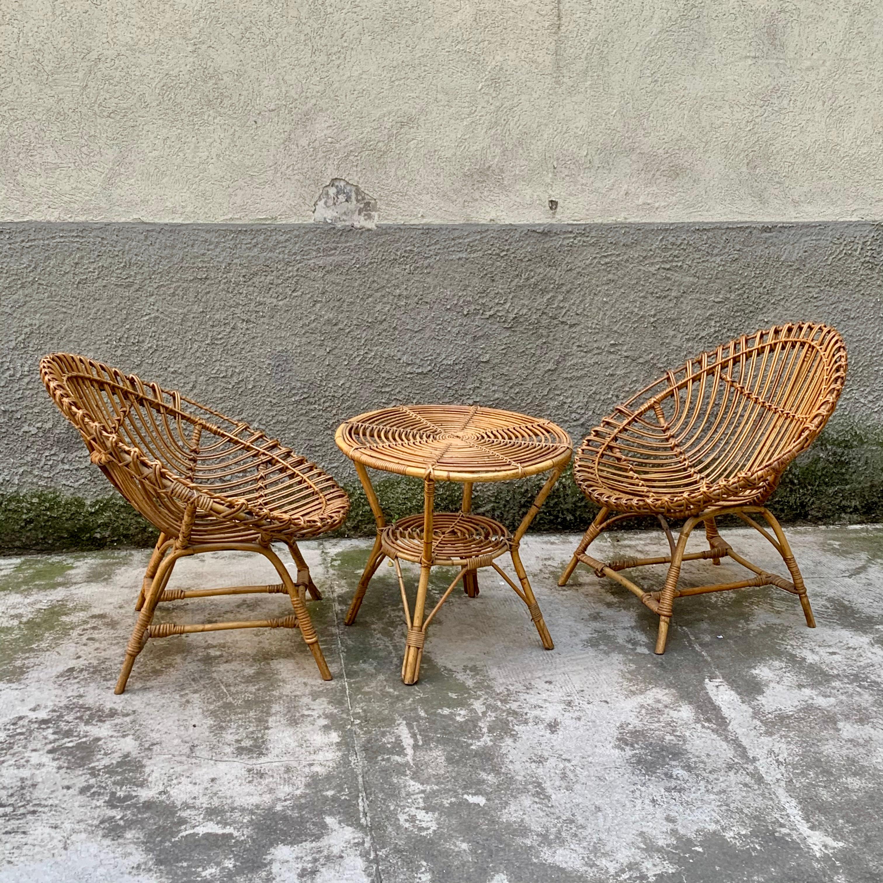 Mid-Century Modern Petit ensemble d'extérieur en bambou et rotin, années 1950, ensemble de 3 pièces en vente