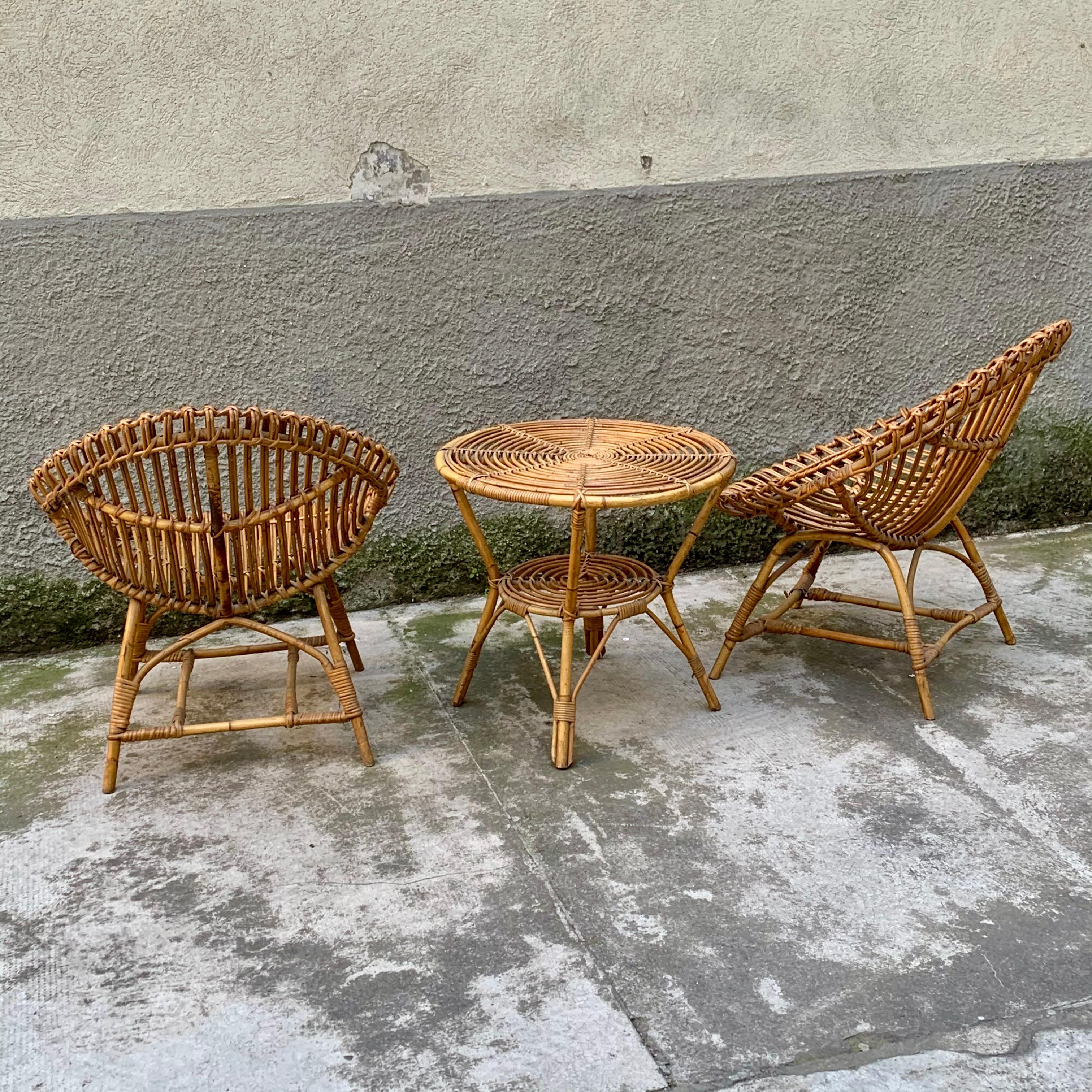 Italian Small Outdoor Set in Bamboo and Rattan, 1950s, Set of 3 For Sale