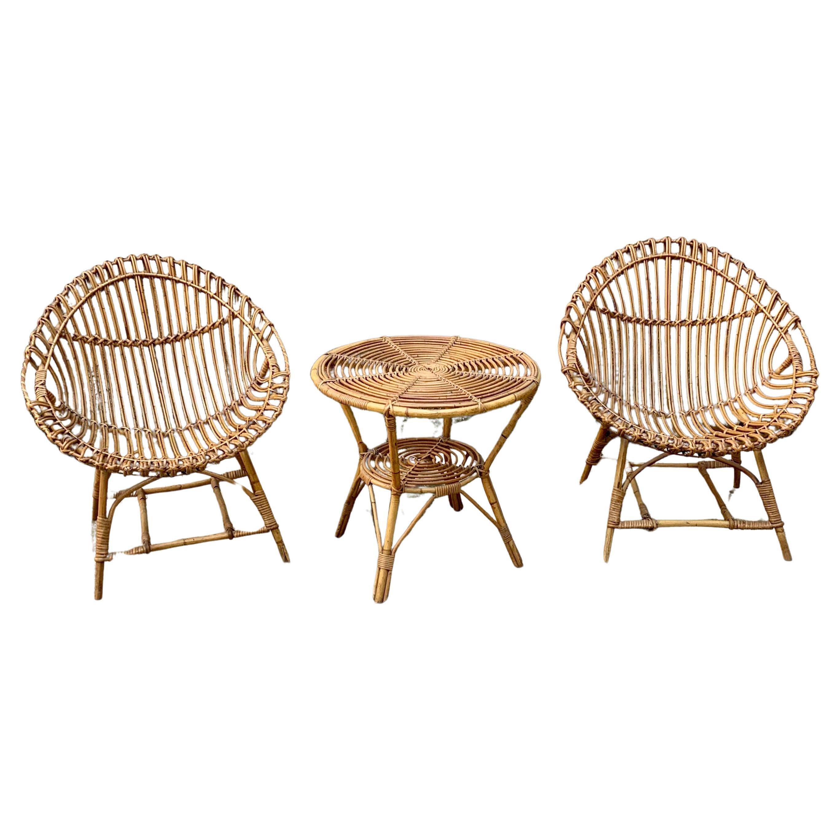 Small Outdoor Set in Bamboo and Rattan, 1950s, Set of 3 For Sale