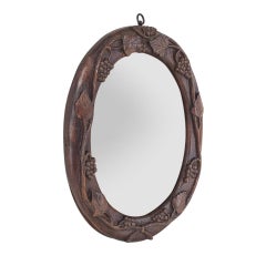 Small Oval Antique Mirror In Hand-Carved Wood, circa 1880