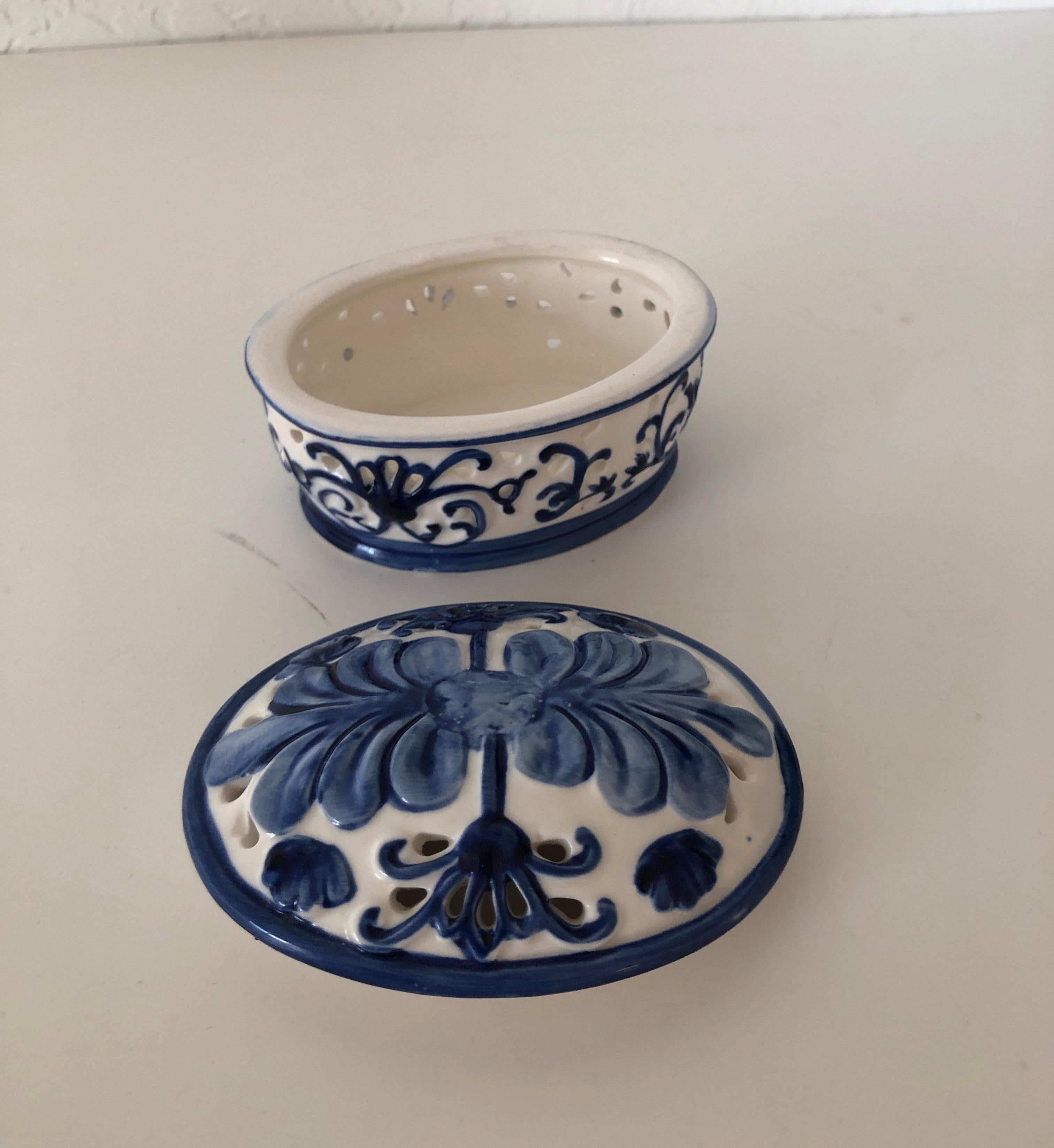 Bohemian Small Oval Blue and White Porcelain Trinket Box