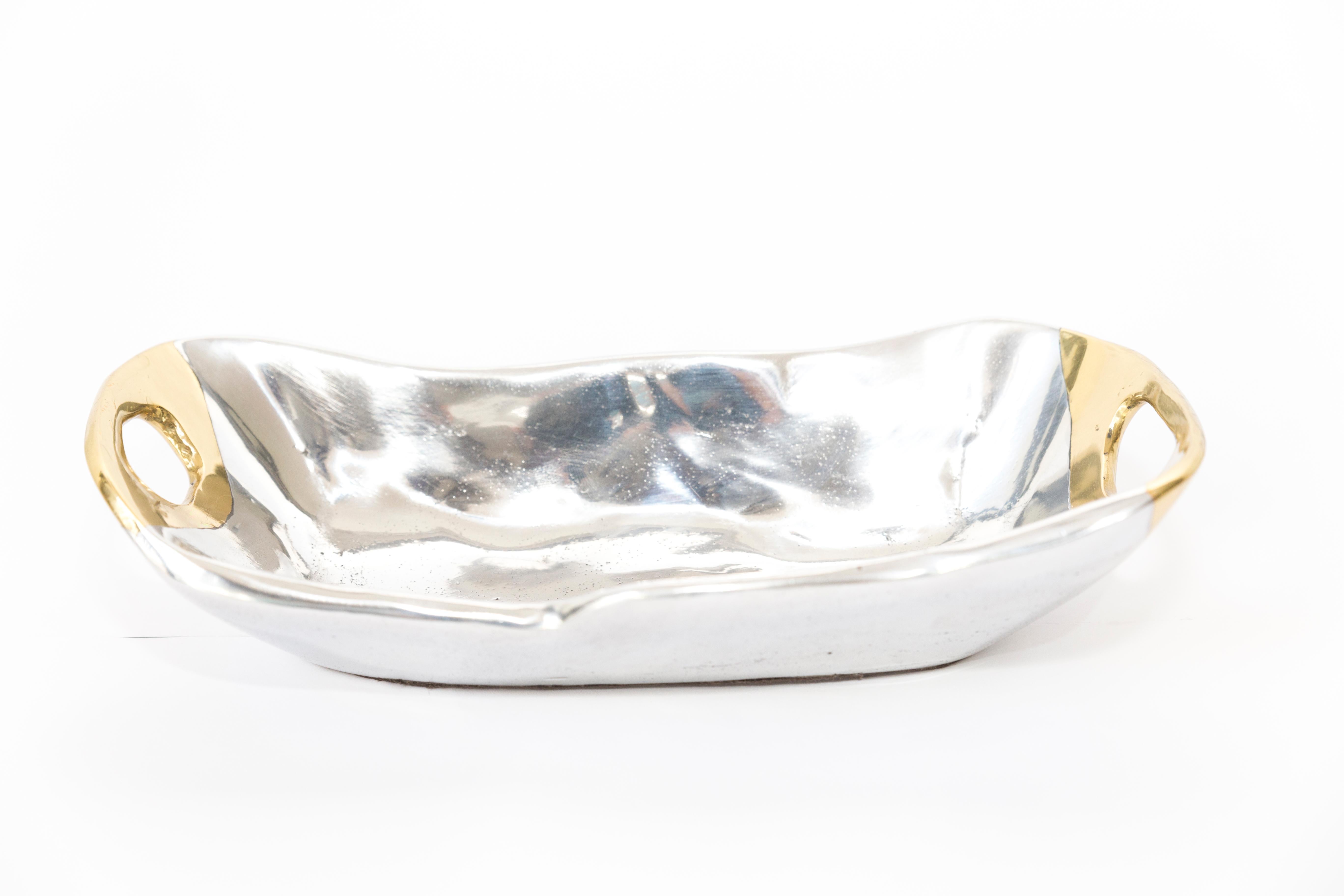 Aluminum Small Oval Bowl A021 Decorative Center Piece Silver and Gold Coloured Cast Metal For Sale