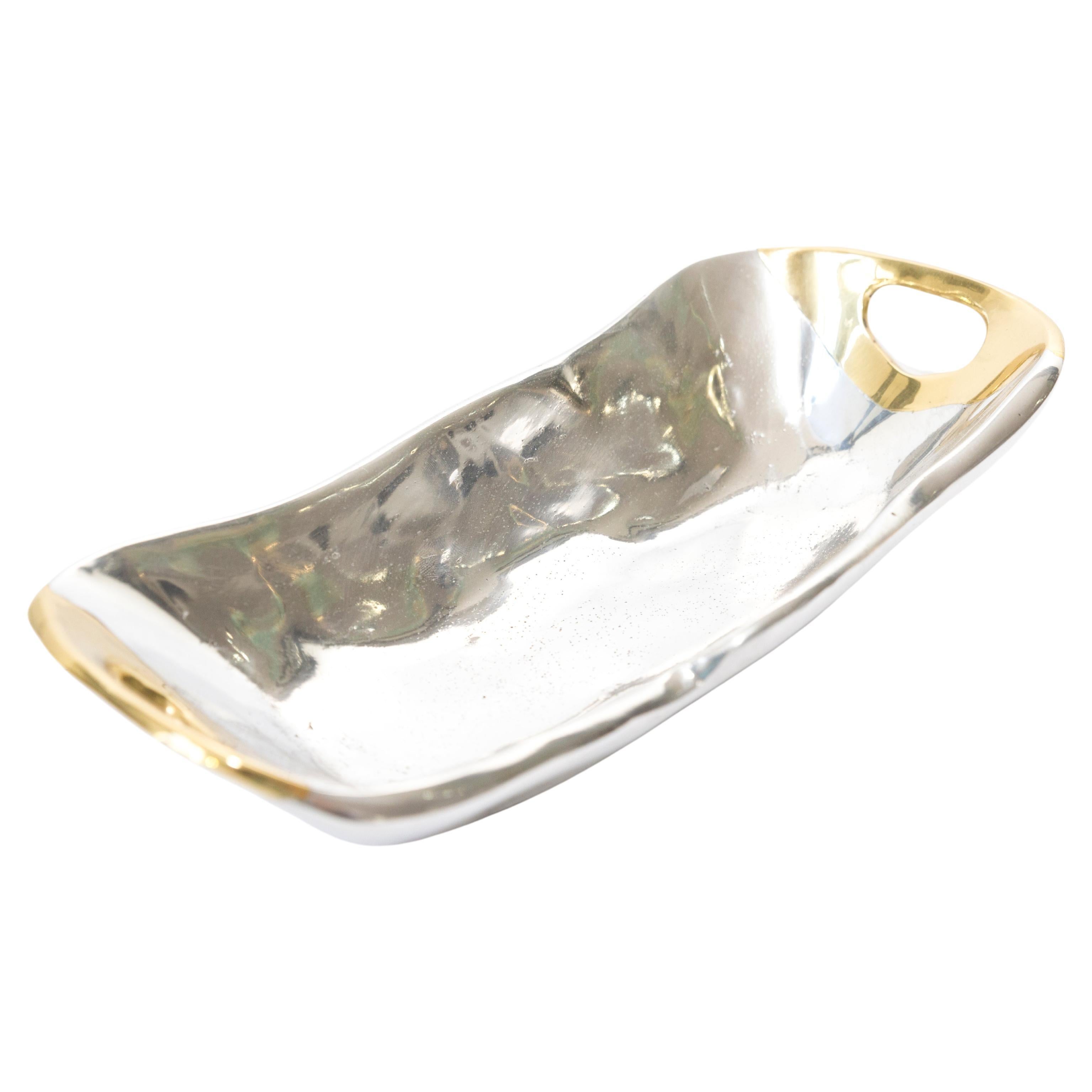 Ovale Schale A021, dekoratives Mittelstück aus Silber und goldfarbenem Gussmetall, Oval (Aluminium) im Angebot