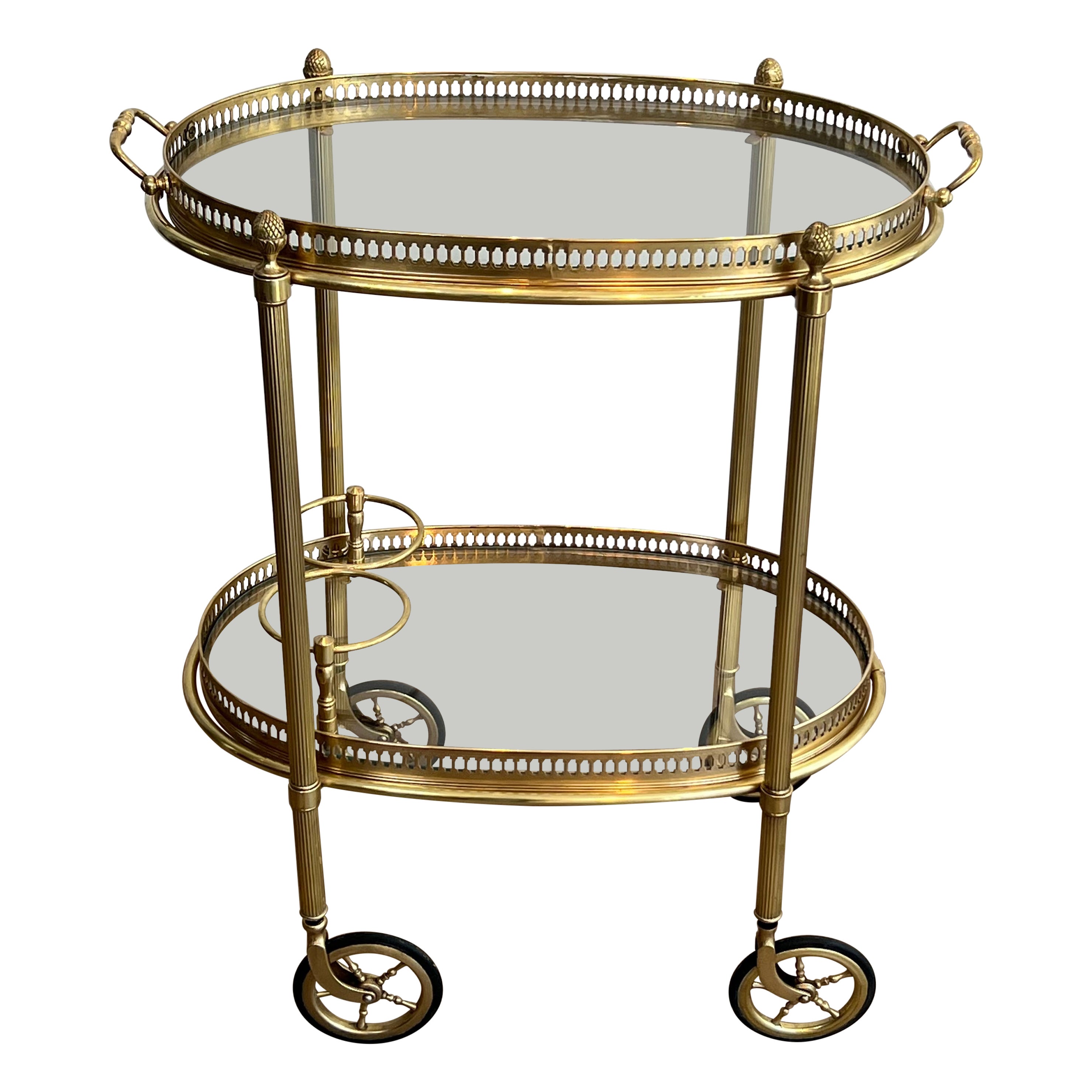 Small Oval Brass Rolling Table with Double Removable Tops from Maison Bagués For Sale