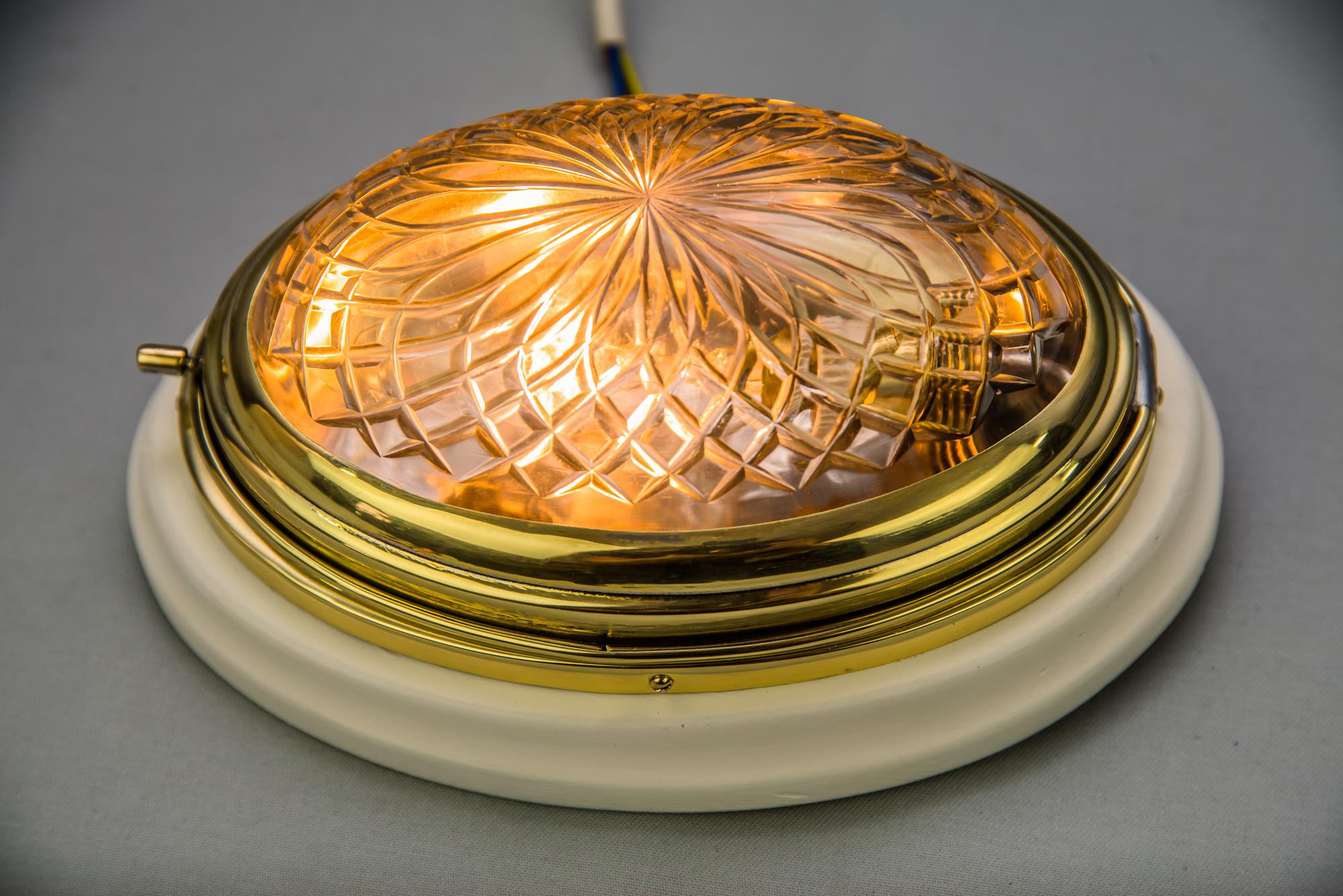 Small oval ceiling or wall lamp with white wood plate and cut glass around 1920s 9