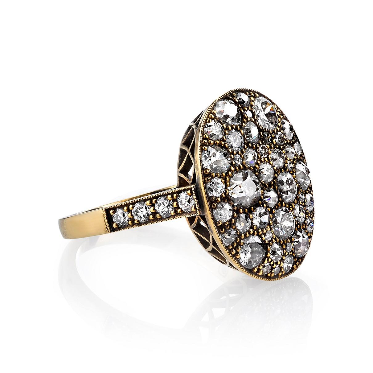 Approximately 2.50ctw old European, old Mine, Round Brilliant, Single cut and vintage Cushion cut diamonds set in handcrafted 18K oxidized yellow gold mounting. Prices may vary according to total diamond weight. Measurements 18mm x 14mm

Ring is