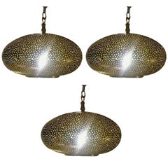 Small Oval Gold Brass Modern Pendant Chandeliers, Set of Three