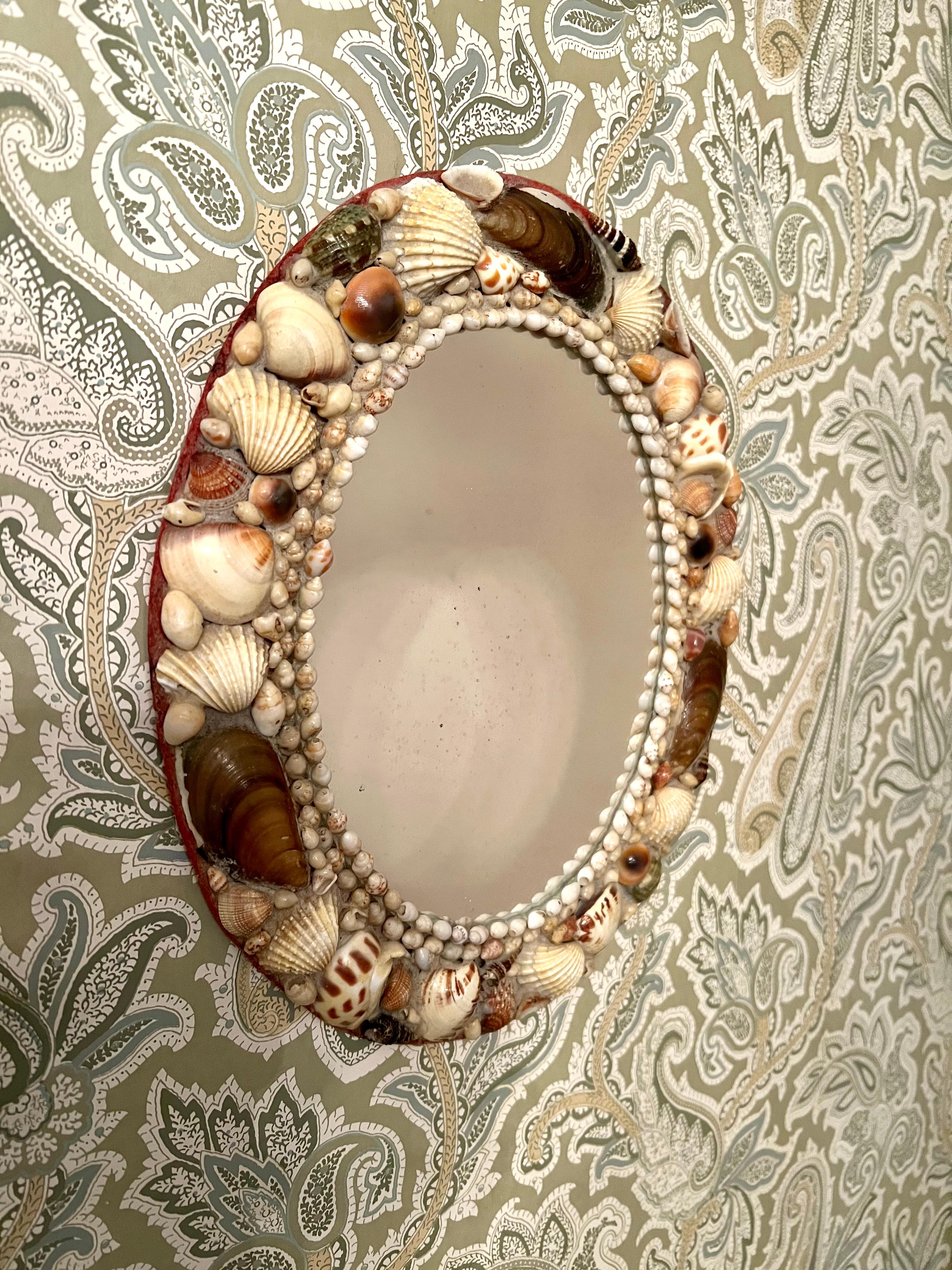 Folk Art Small Oval Mirror with Shell Encrusted Frame For Sale