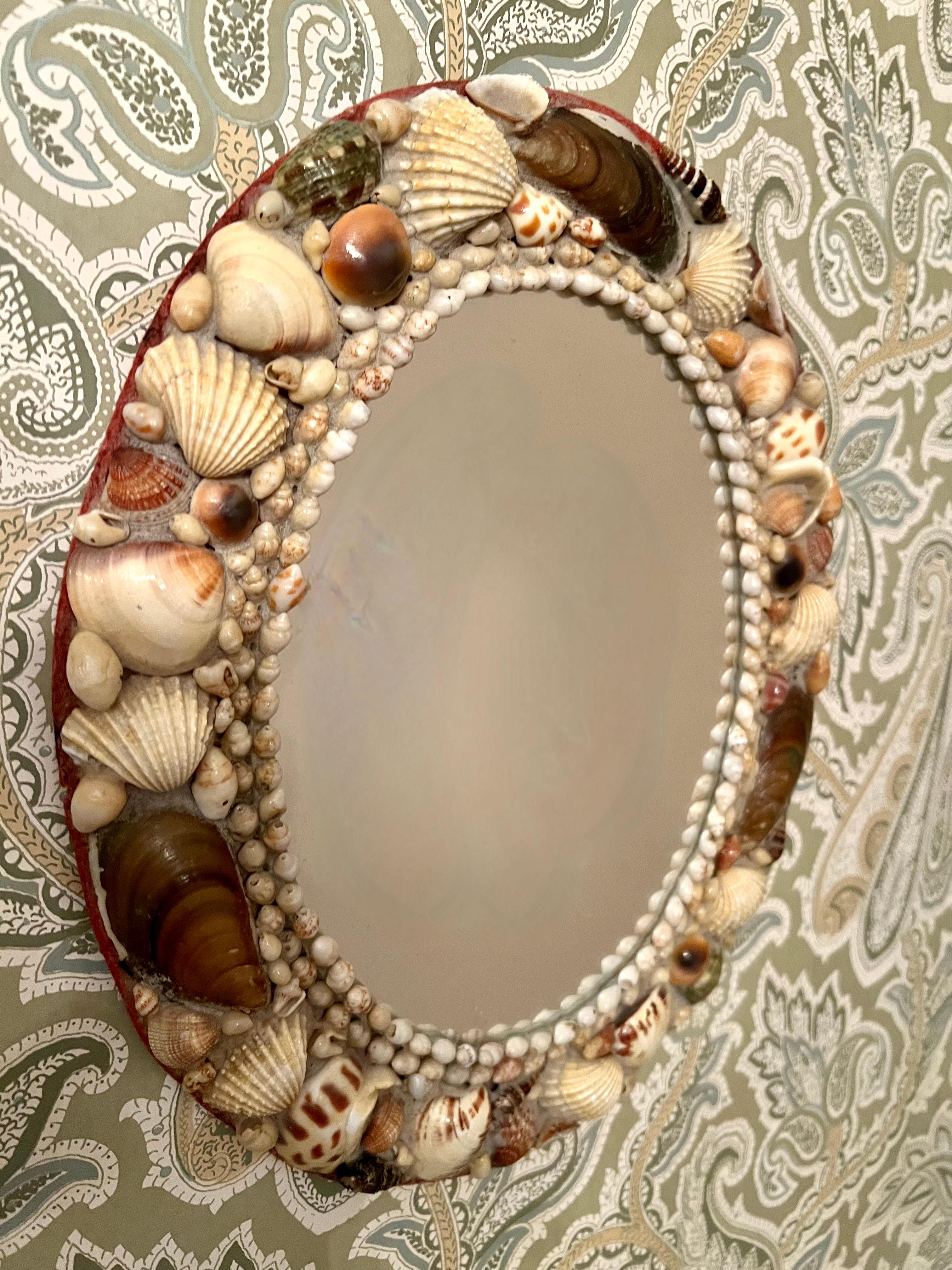 Hand-Crafted Small Oval Mirror with Shell Encrusted Frame For Sale