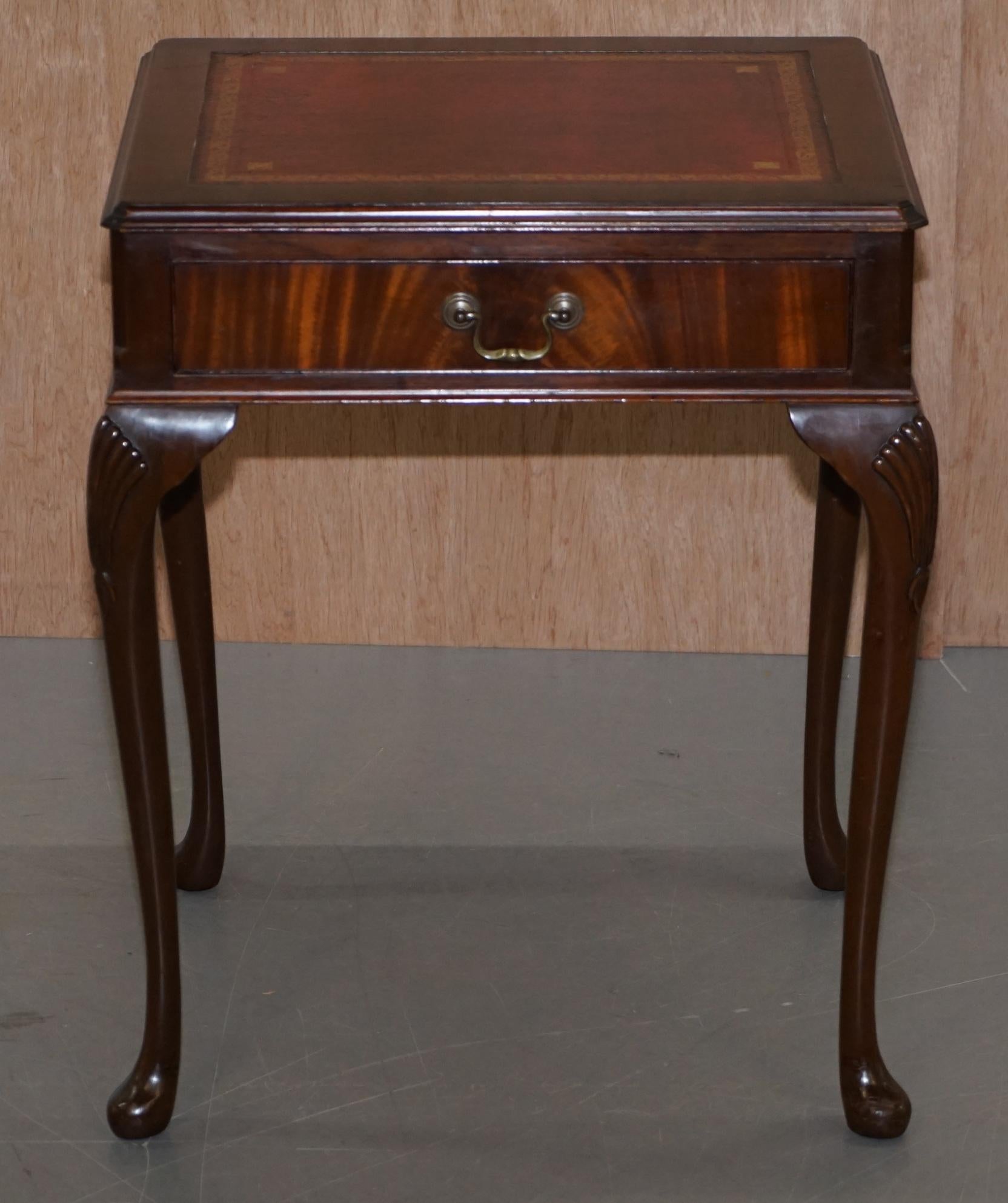 We are delighted to this stunning oxblood leather topped flamed mahogany writing side table

A utilitarian piece of furniture, it is basically a shrunken writing table but can be used as a large side end lamp wine table. It has as mentioned and