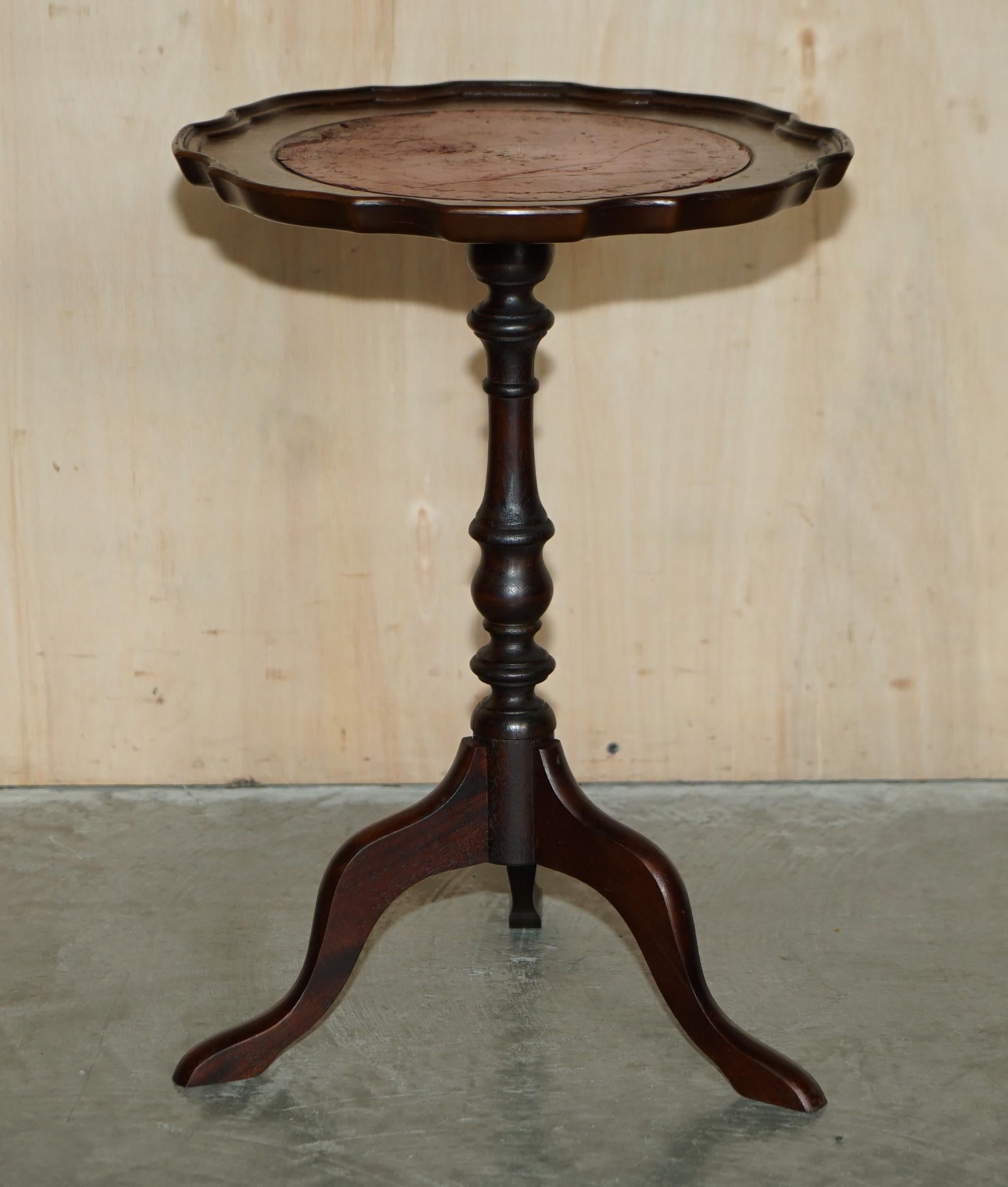 Victorian Small Oxblood Leather with Silver Leaf Inlay Hardwood Tripod Lamp Side End Table For Sale