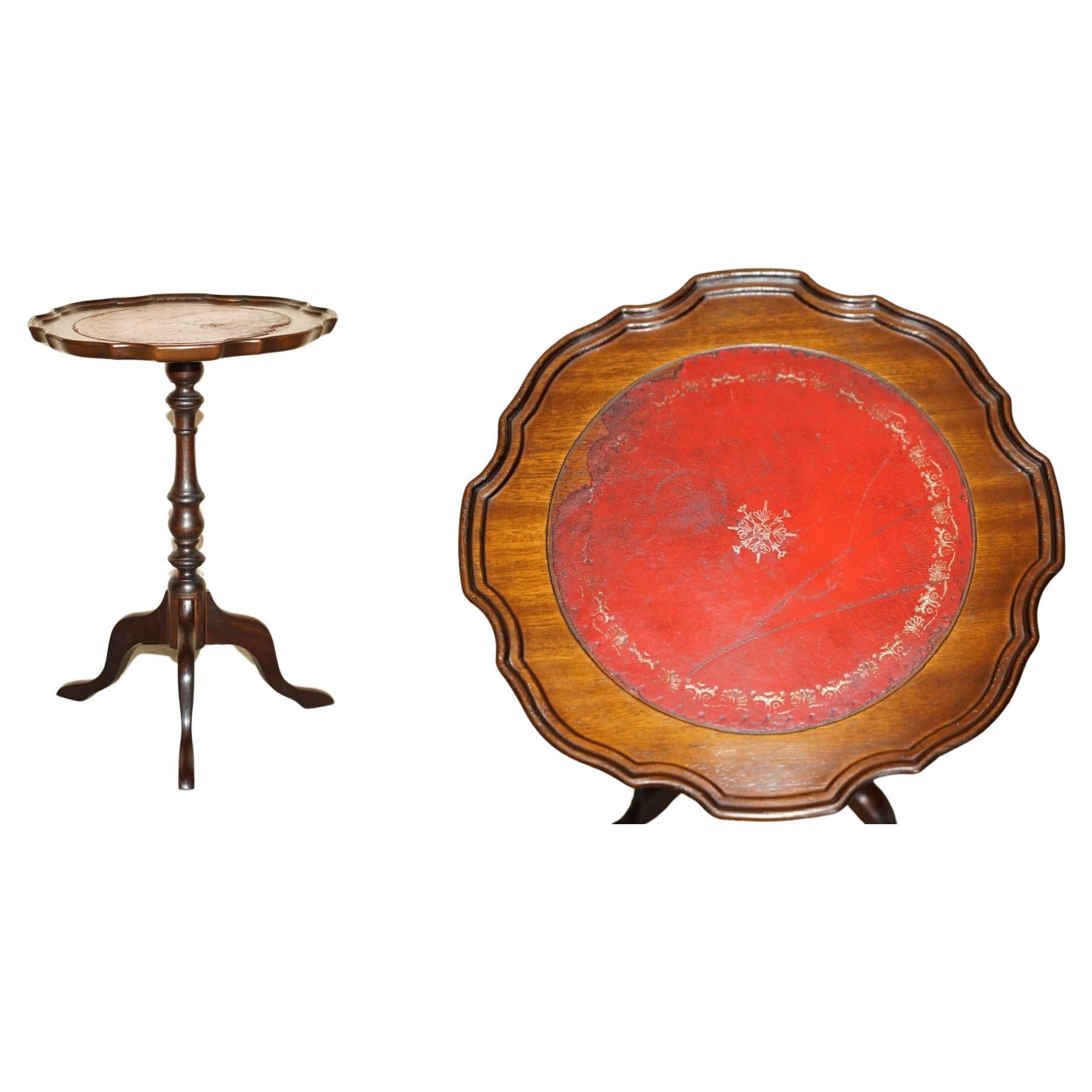 Small Oxblood Leather with Silver Leaf Inlay Hardwood Tripod Lamp Side End Table For Sale