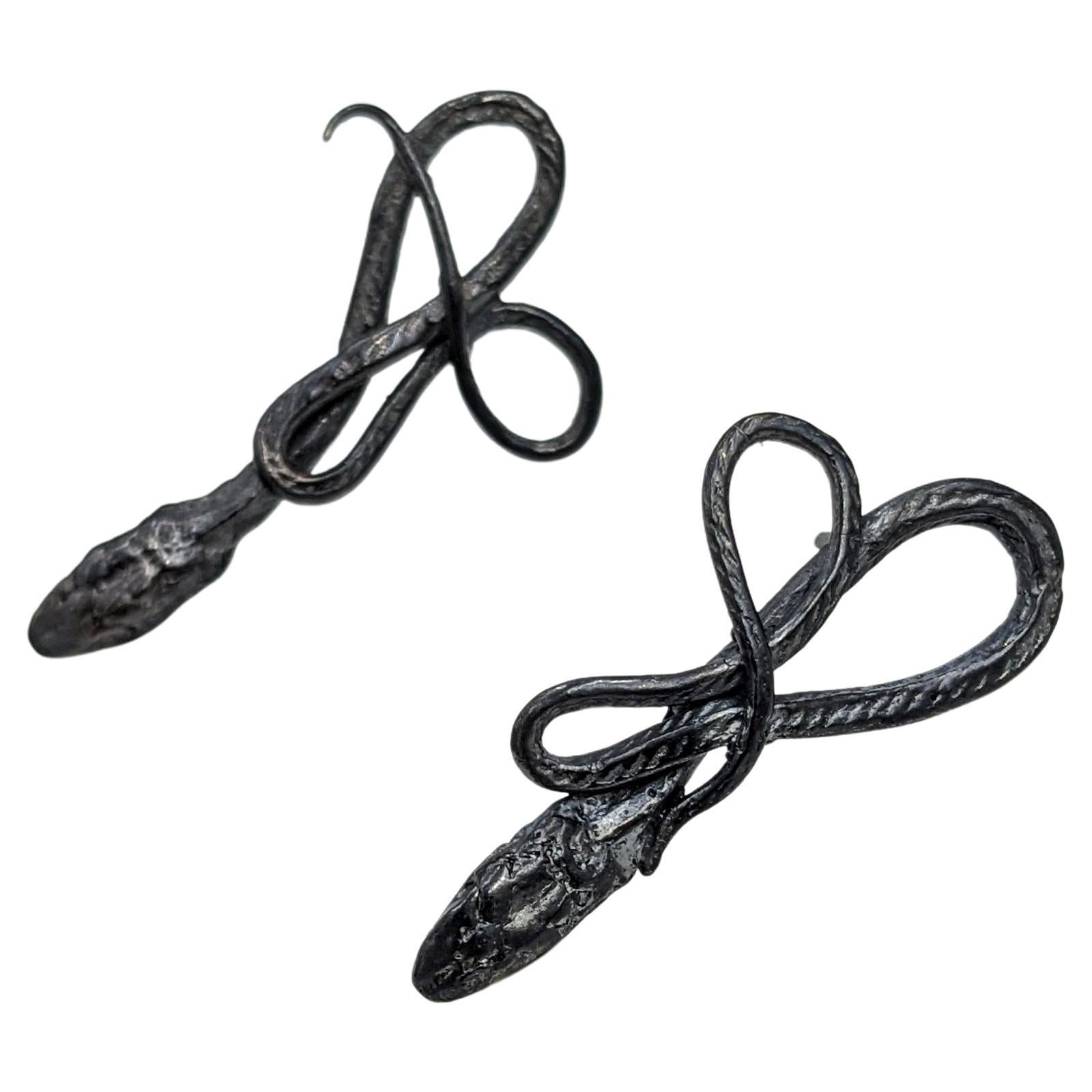 Small Oxidized Silver Serpentine Earrings For Sale