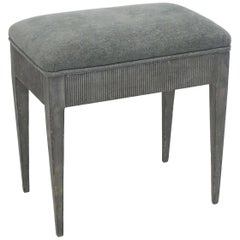 Small Painted Gray-Blue Bench with Upholstered Seat, Belgium, circa 1950